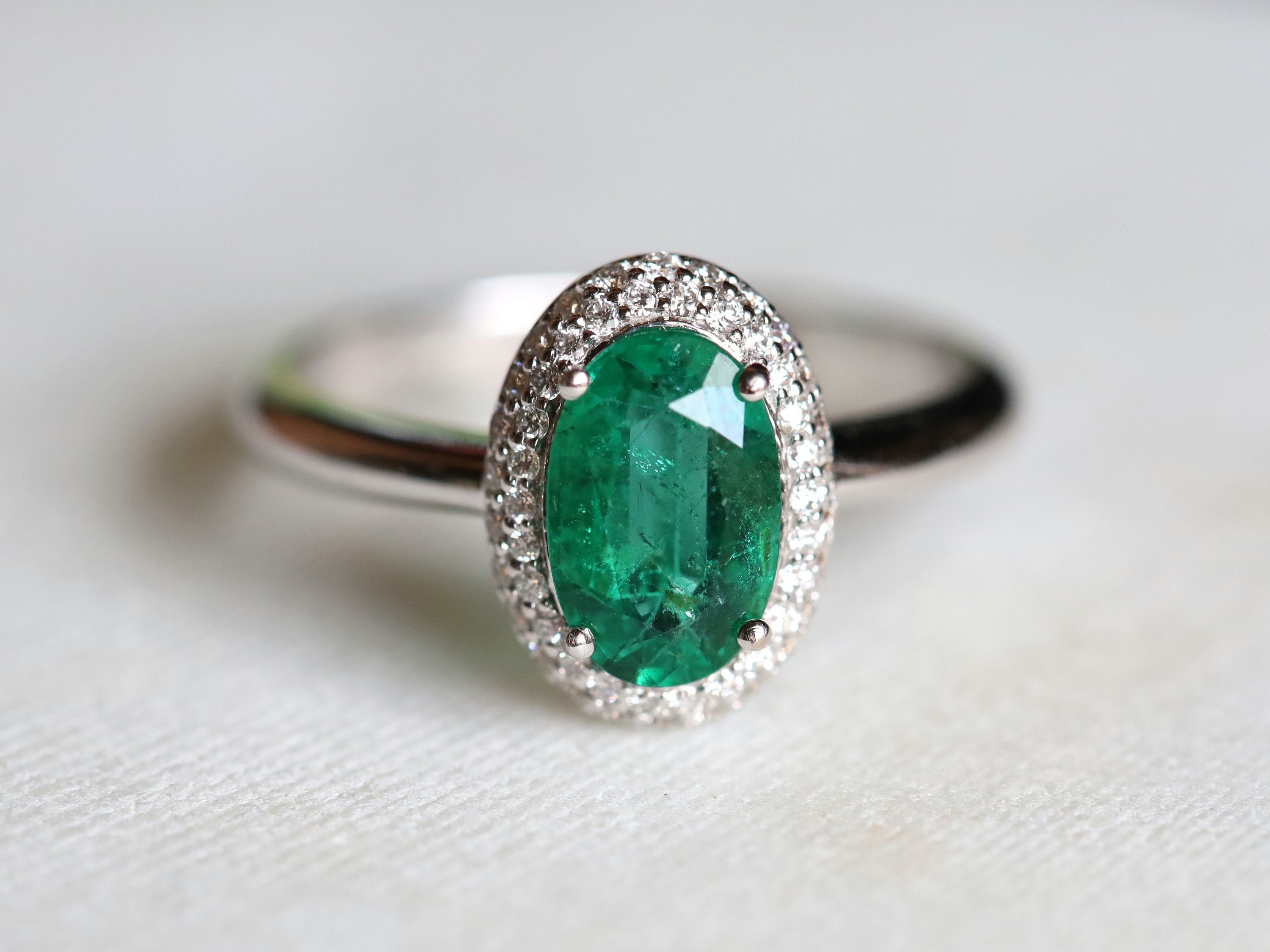 Emerald Engagement Ring | Vintage Green Oval Halo Design | 1-Carat May Birthstone Jewelry -