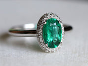 Emerald Engagement Ring | Vintage Green Oval Halo Design | 1-Carat May Birthstone Jewelry -