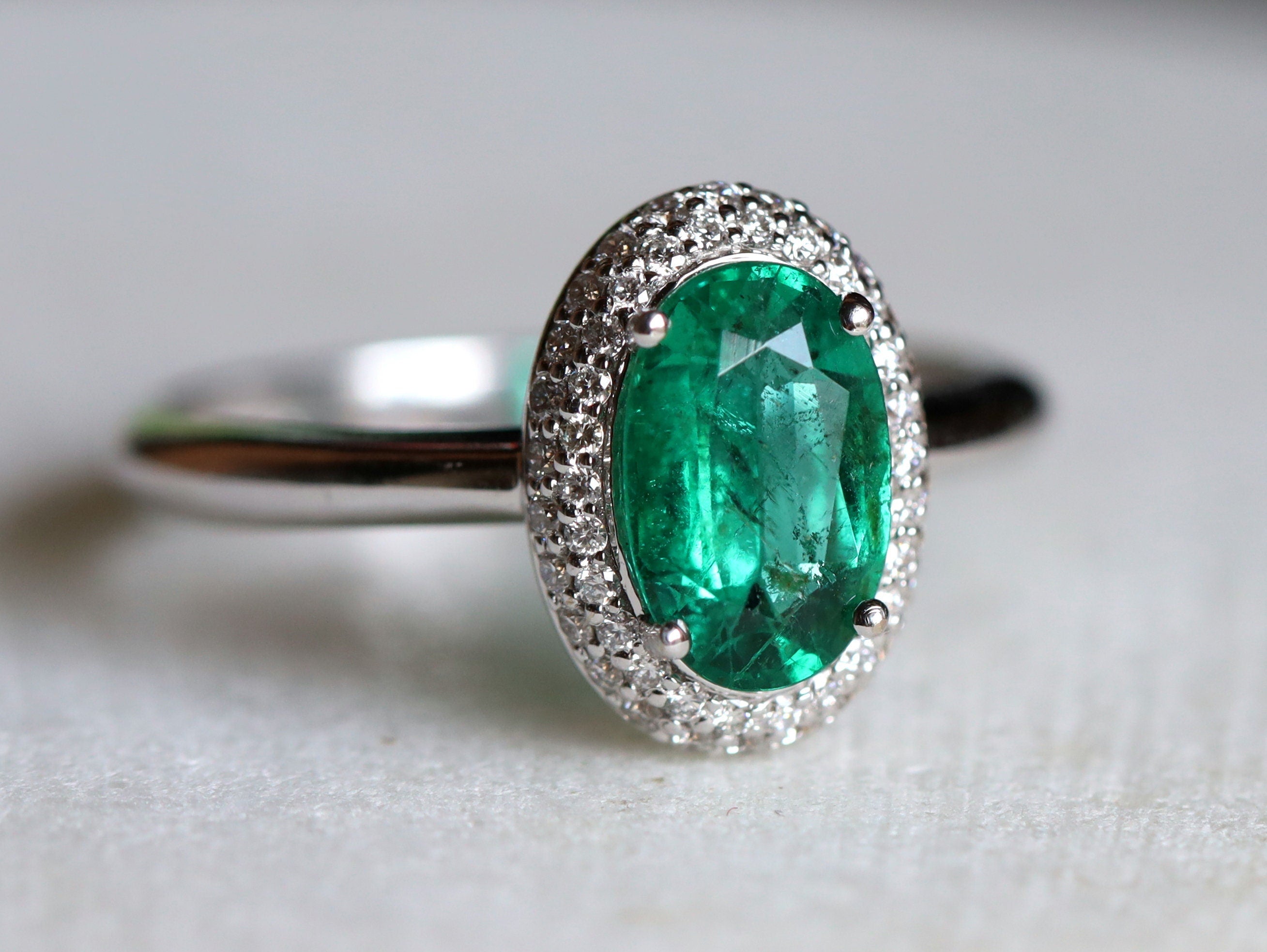Emerald Engagement Ring | Vintage Green Oval Halo Design | 1-Carat May Birthstone Jewelry -