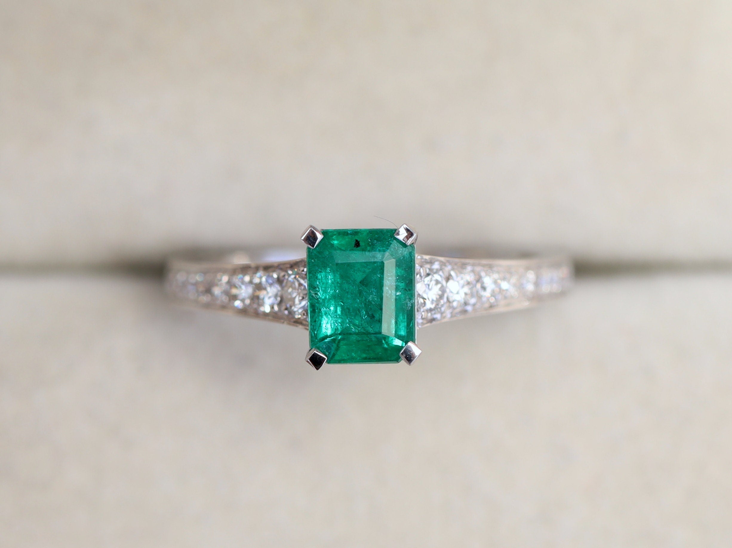 1ct Green Emerald Engagement Ring | Emerald Cut Antique Engagement Ring -