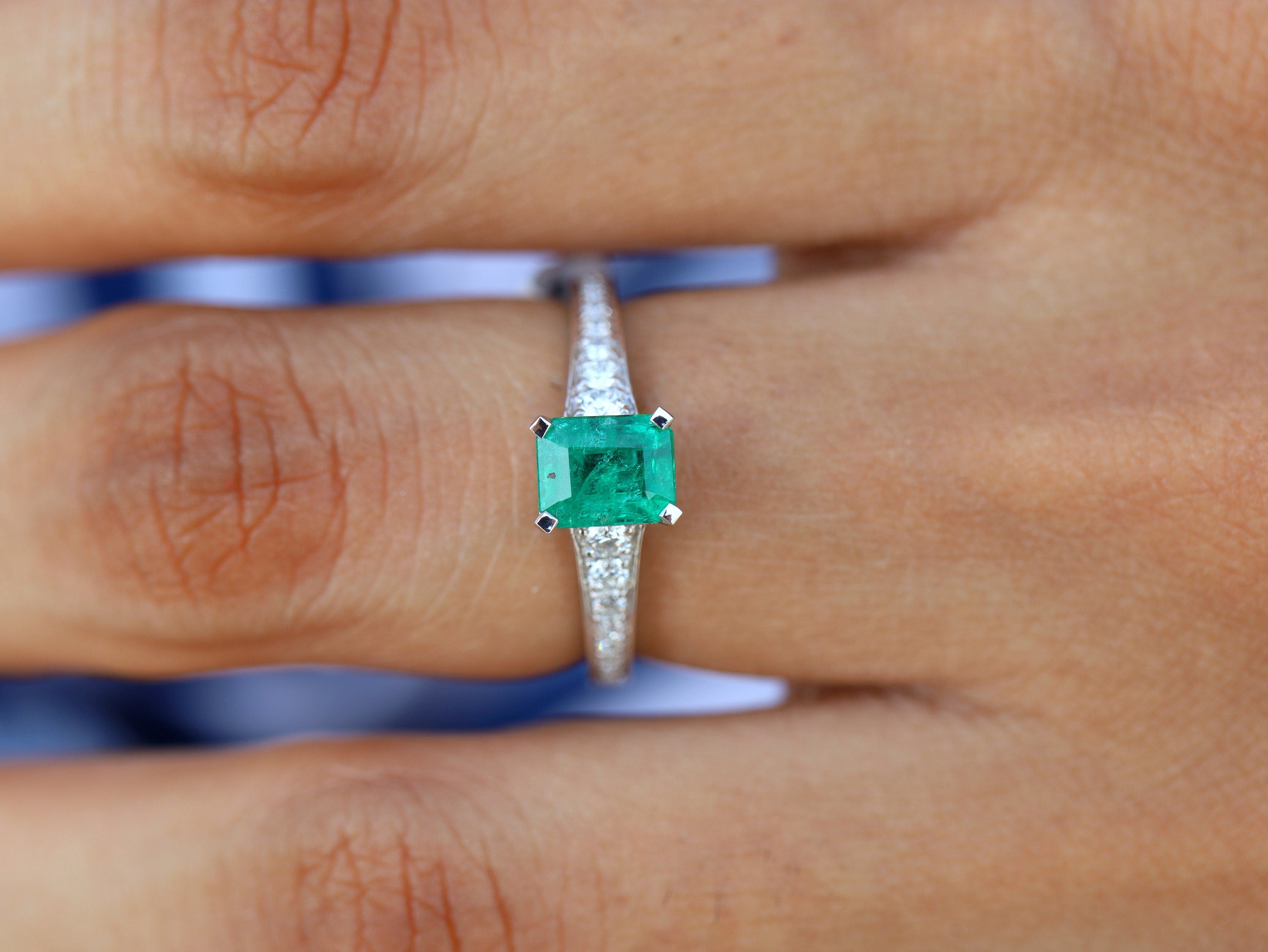 1ct Green Emerald Engagement Ring | Emerald Cut Antique Engagement Ring -