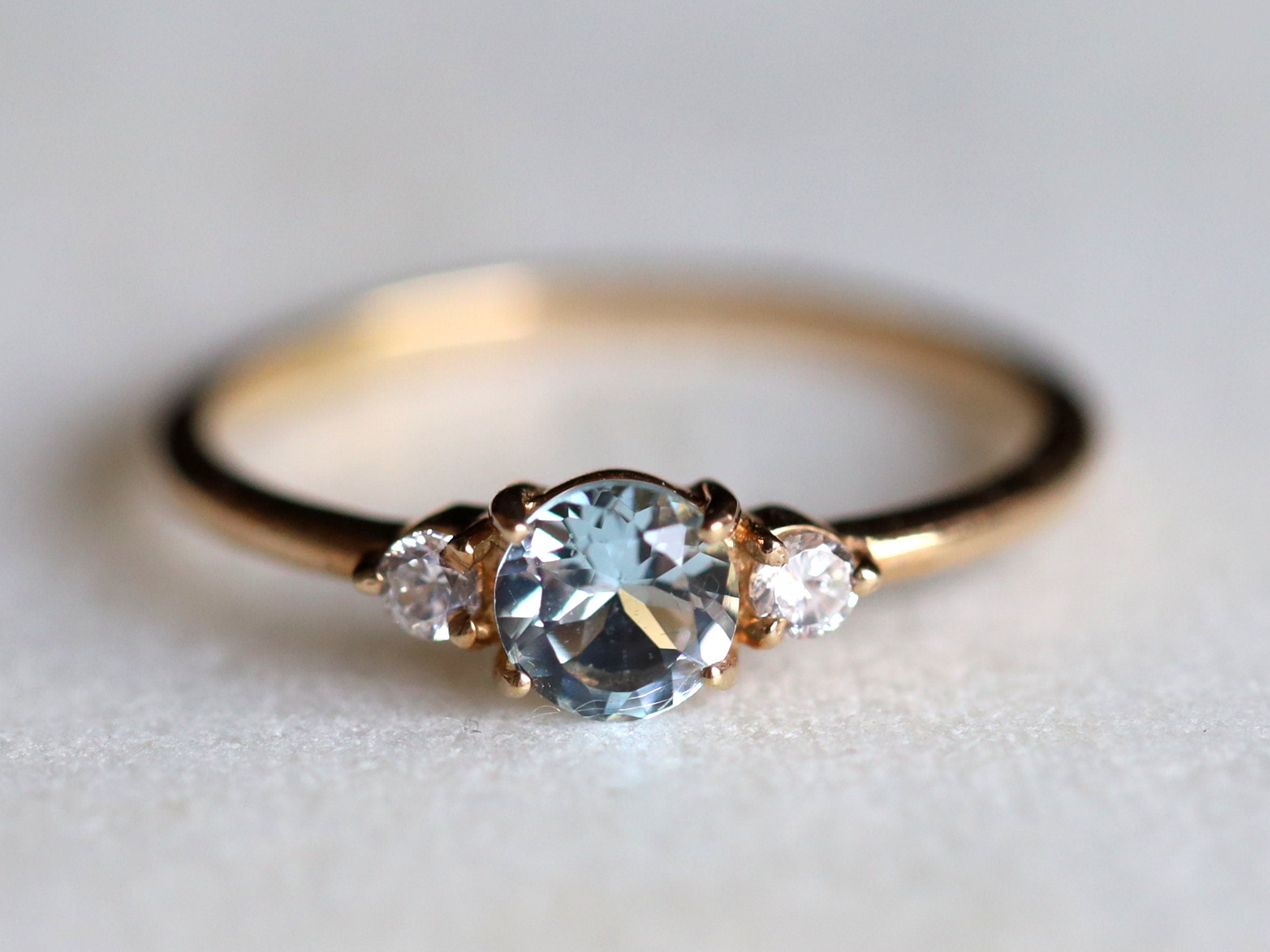 Aquamarine Engagement Ring | Three Stone Aquamarine & Diamond Stacking Ring | March Birthstone -