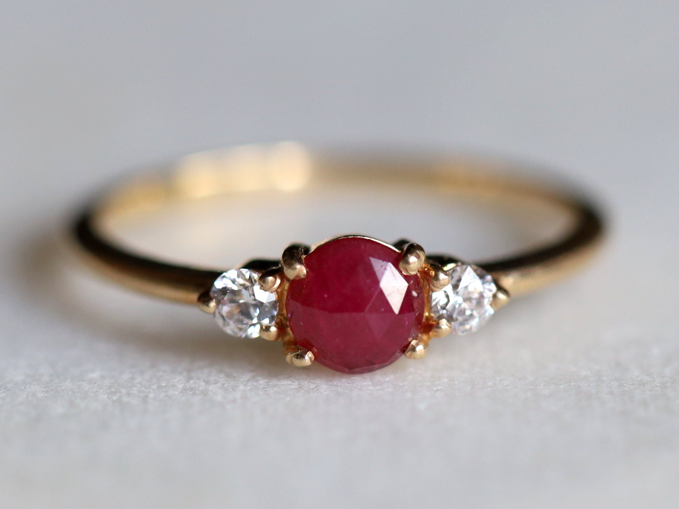 Ruby Engagement Ring | Diamond & Ruby Three-Stone Stacking Ring | Natural Ruby Promise Ring -