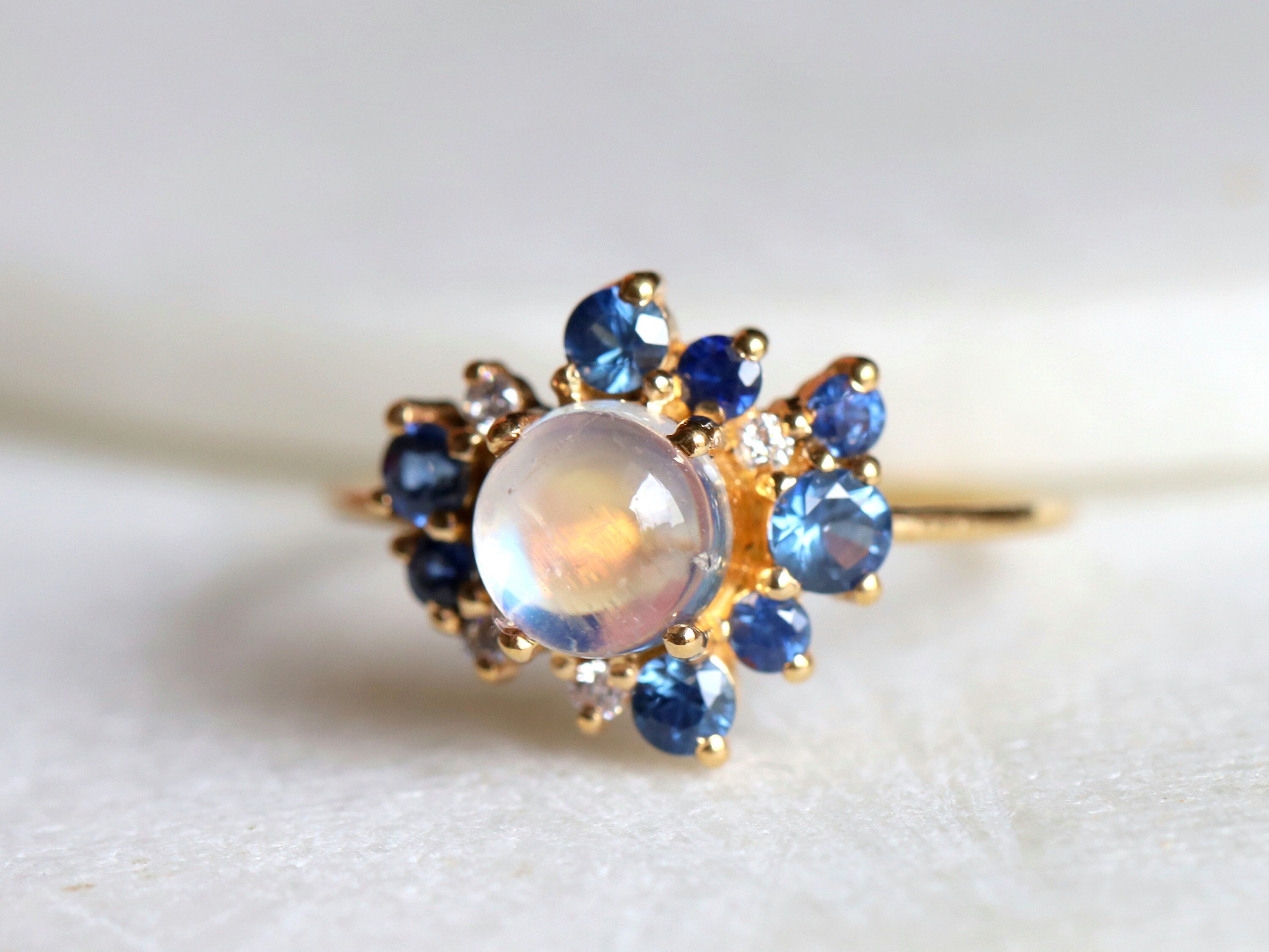 Moonstone Sapphire Cluster Ring | Rainbow Moonstone Engagement Ring | Anniversary Gift -
