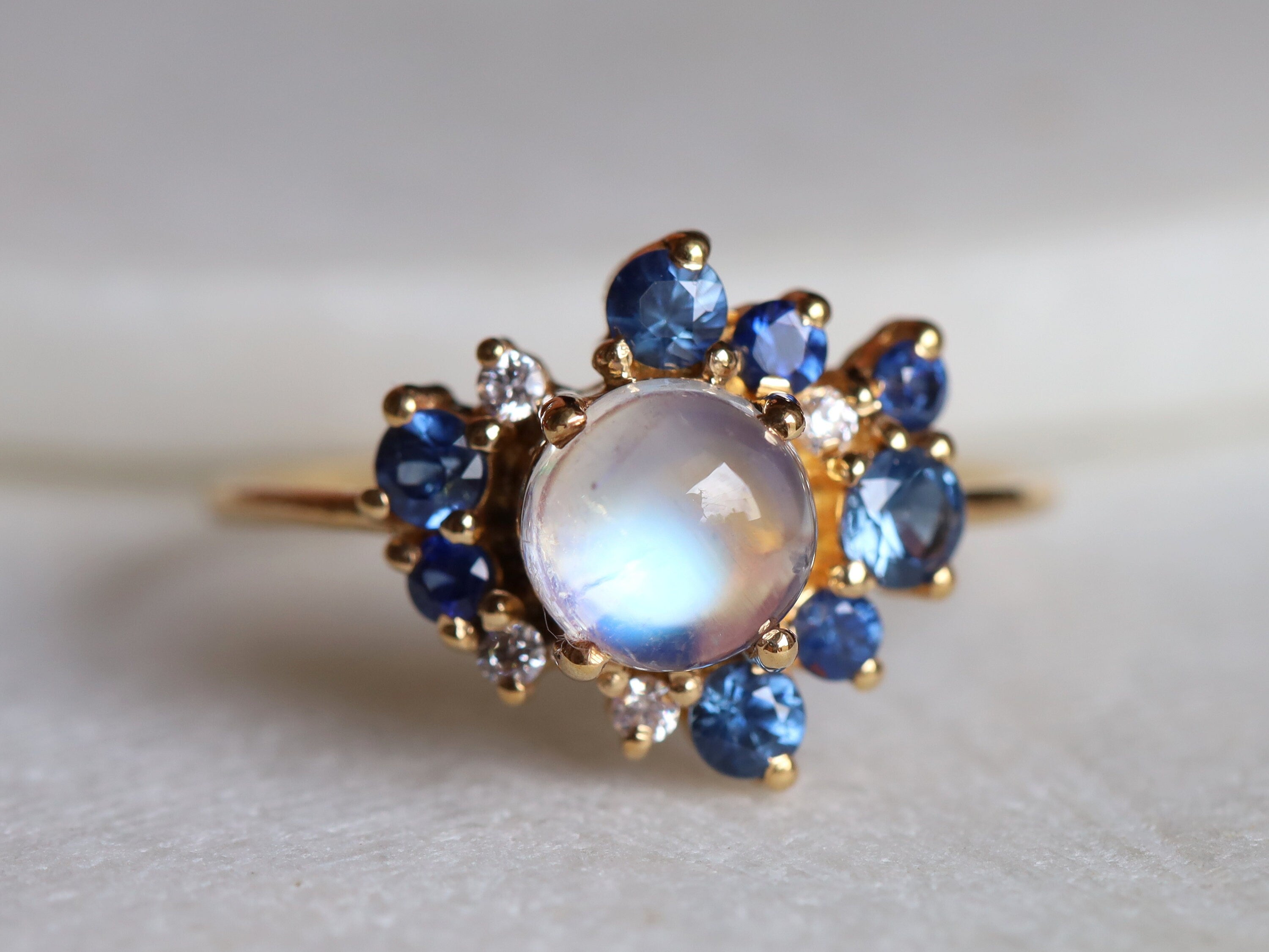 Moonstone Sapphire Cluster Ring | Rainbow Moonstone Engagement Ring | Anniversary Gift -