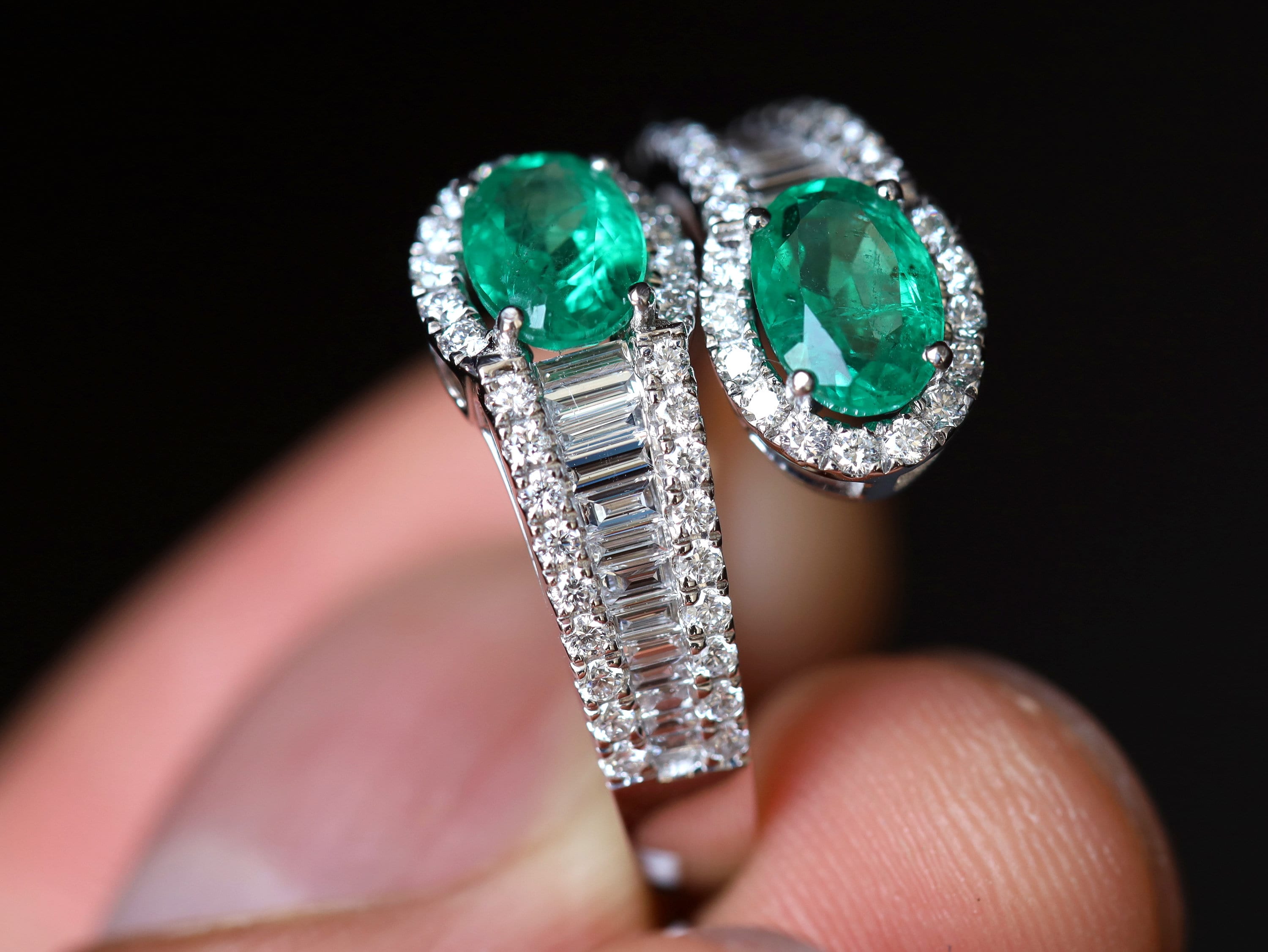 Emerald and Diamond Engagement Ring | Adjustable Serpent Snake Design Ring | Baguette Diamond Ring -