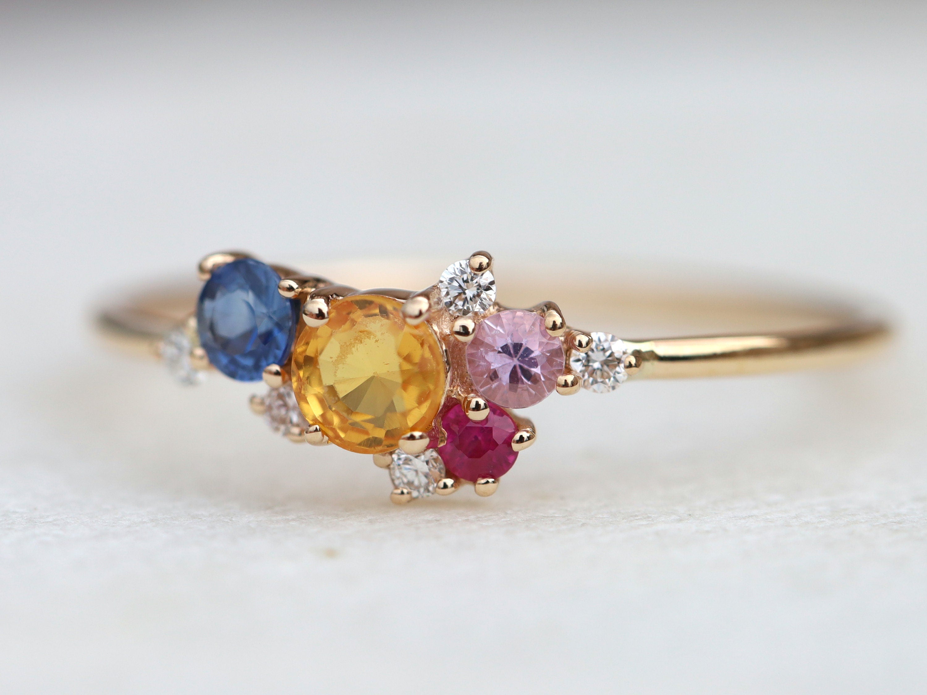 Multi Sapphire & Diamond Cluster Ring | Rainbow Sapphire Engagement Ring -