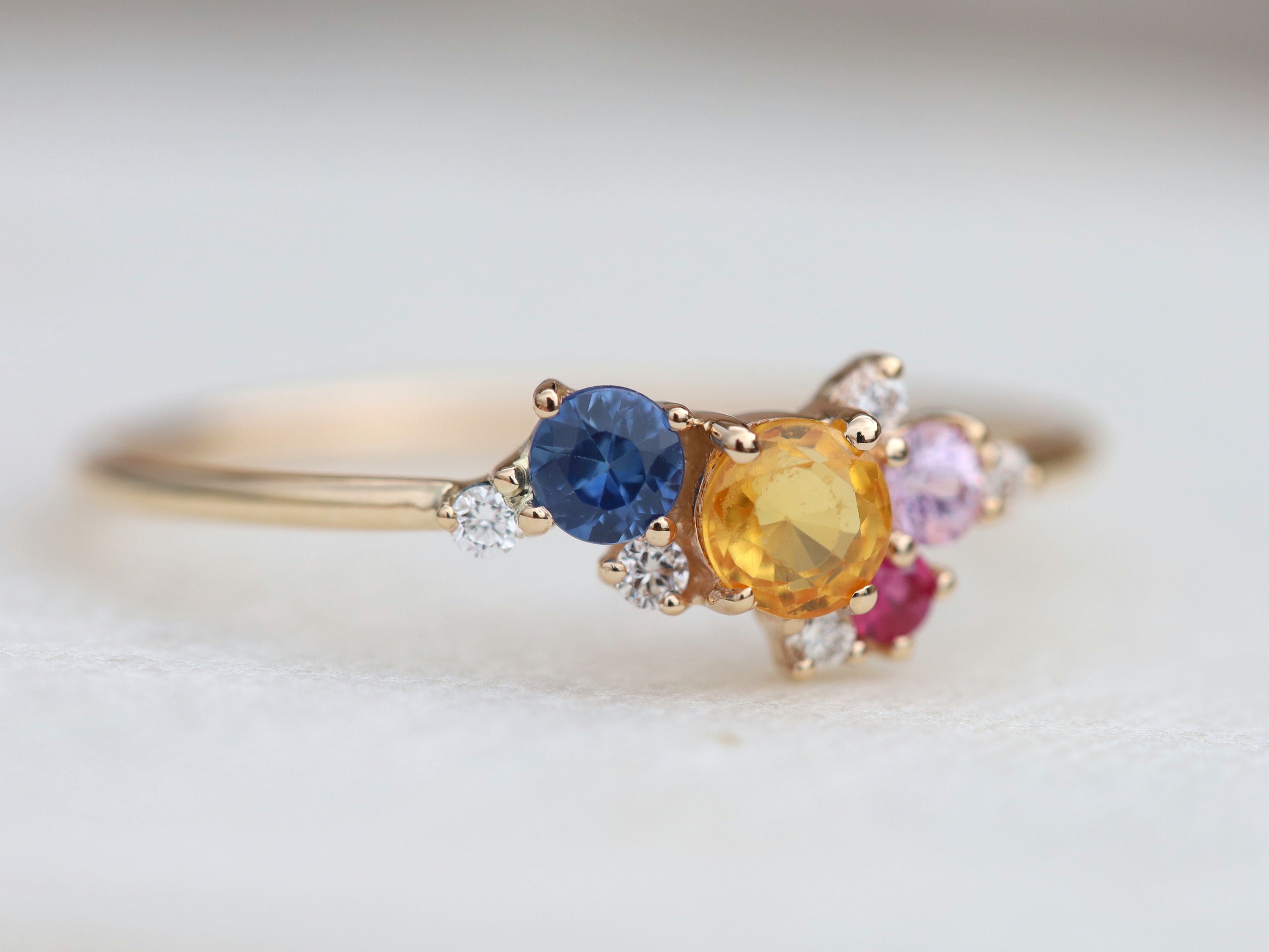 Multi Sapphire & Diamond Cluster Ring | Rainbow Sapphire Engagement Ring -