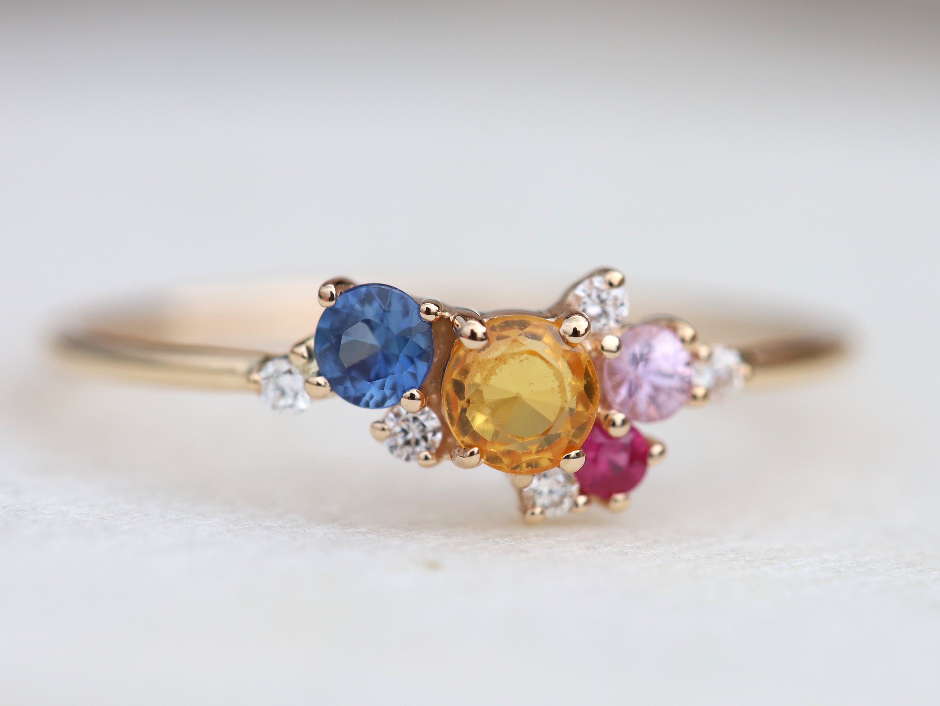 Multi Sapphire & Diamond Cluster Ring | Rainbow Sapphire Engagement Ring -