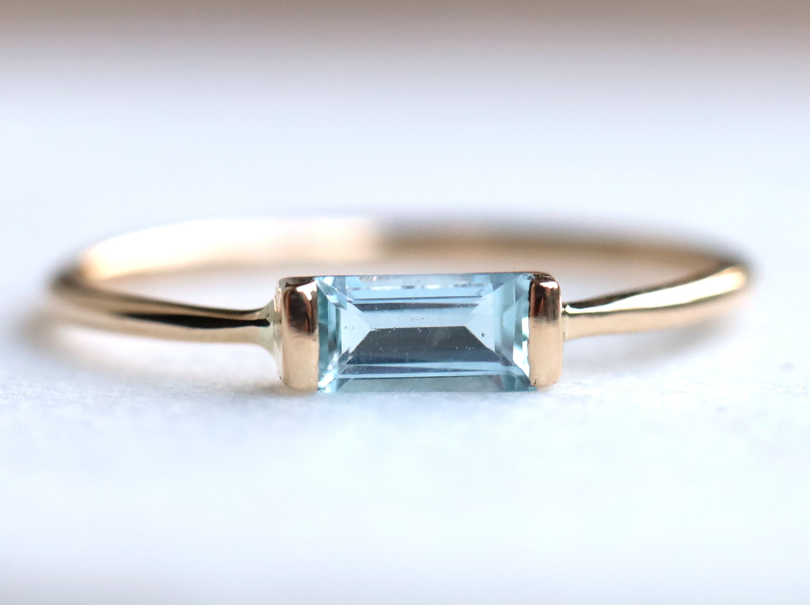 Aquamarine Baguette Ring | March Birthstone Gold Stacking Ring | Dainty Aquamarine Ring -