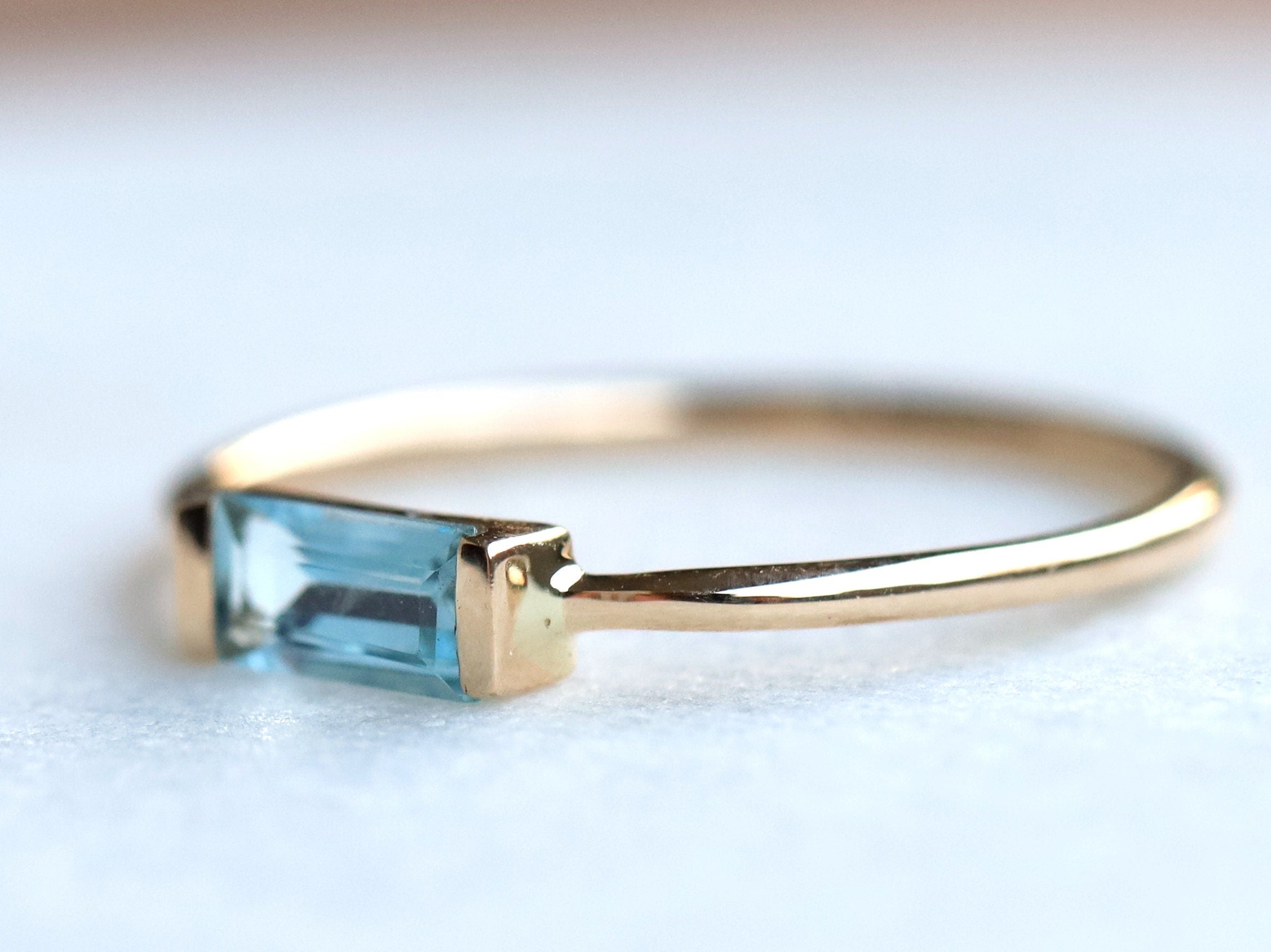 Aquamarine Baguette Ring | March Birthstone Gold Stacking Ring | Dainty Aquamarine Ring -