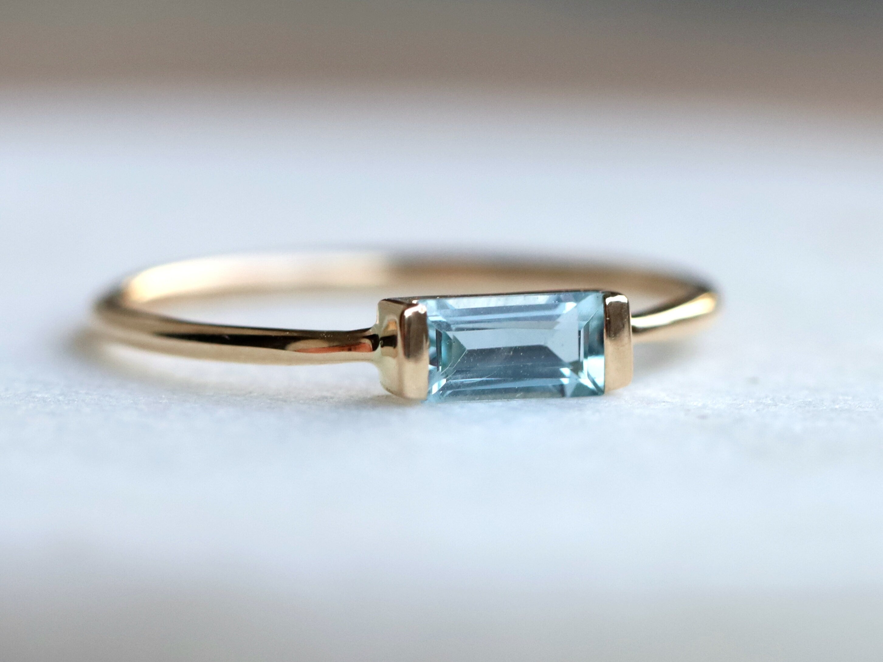 Aquamarine Baguette Ring | March Birthstone Gold Stacking Ring | Dainty Aquamarine Ring -
