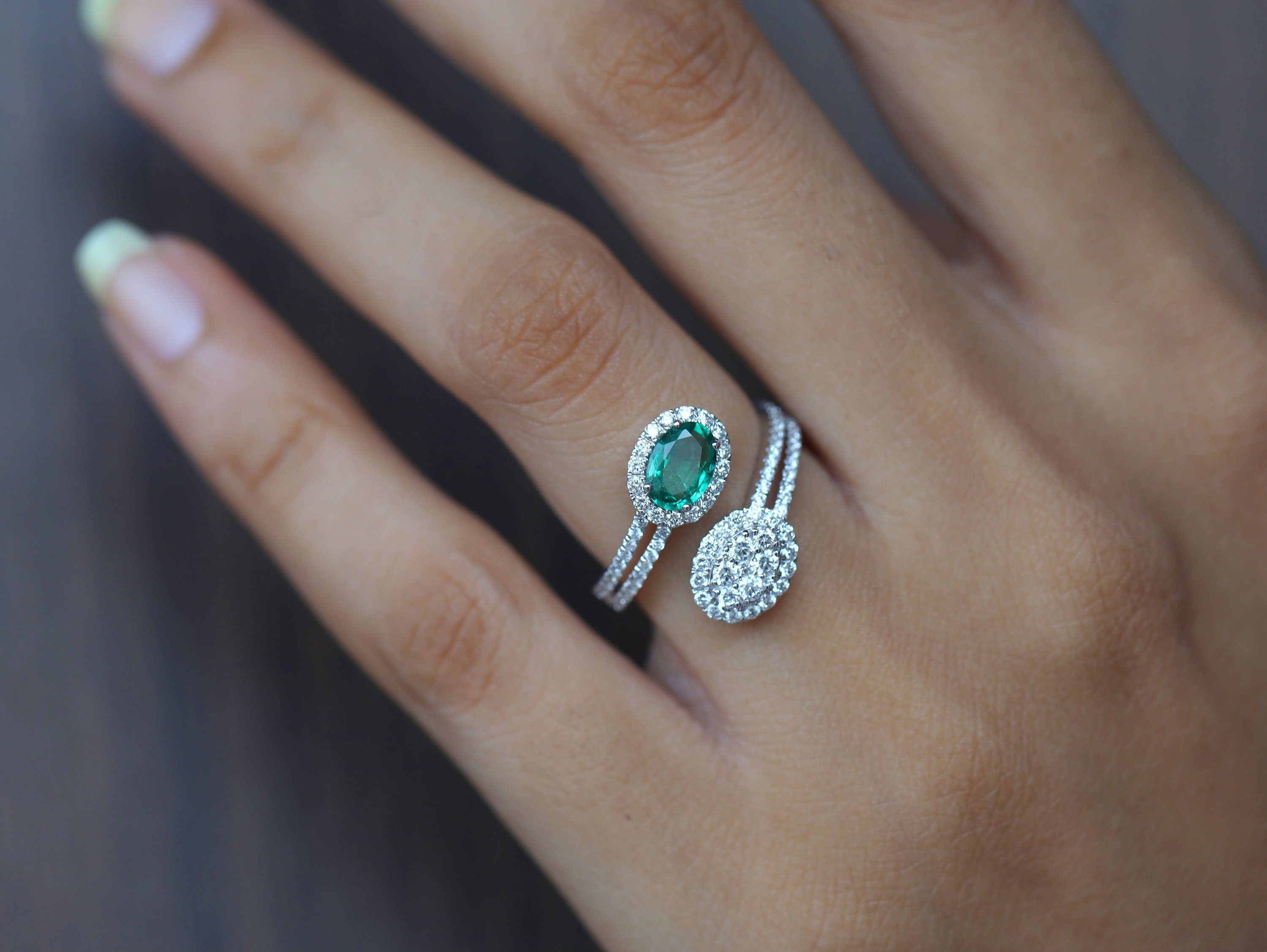 Emerald and Diamond Adjustable Engagement Ring | Vintage Style Diamond and Emerald Ring -