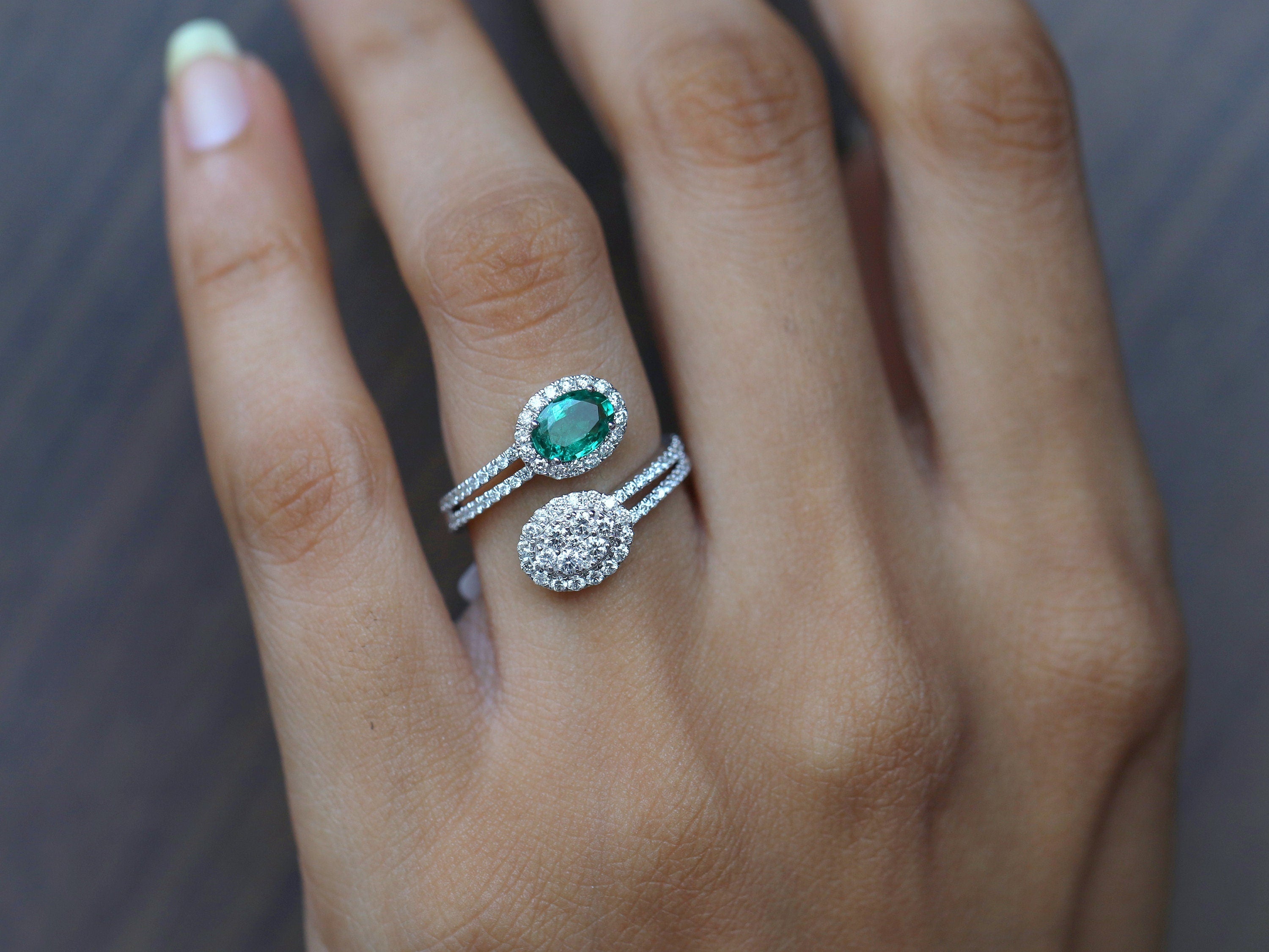 Emerald and Diamond Adjustable Engagement Ring | Vintage Style Diamond and Emerald Ring -