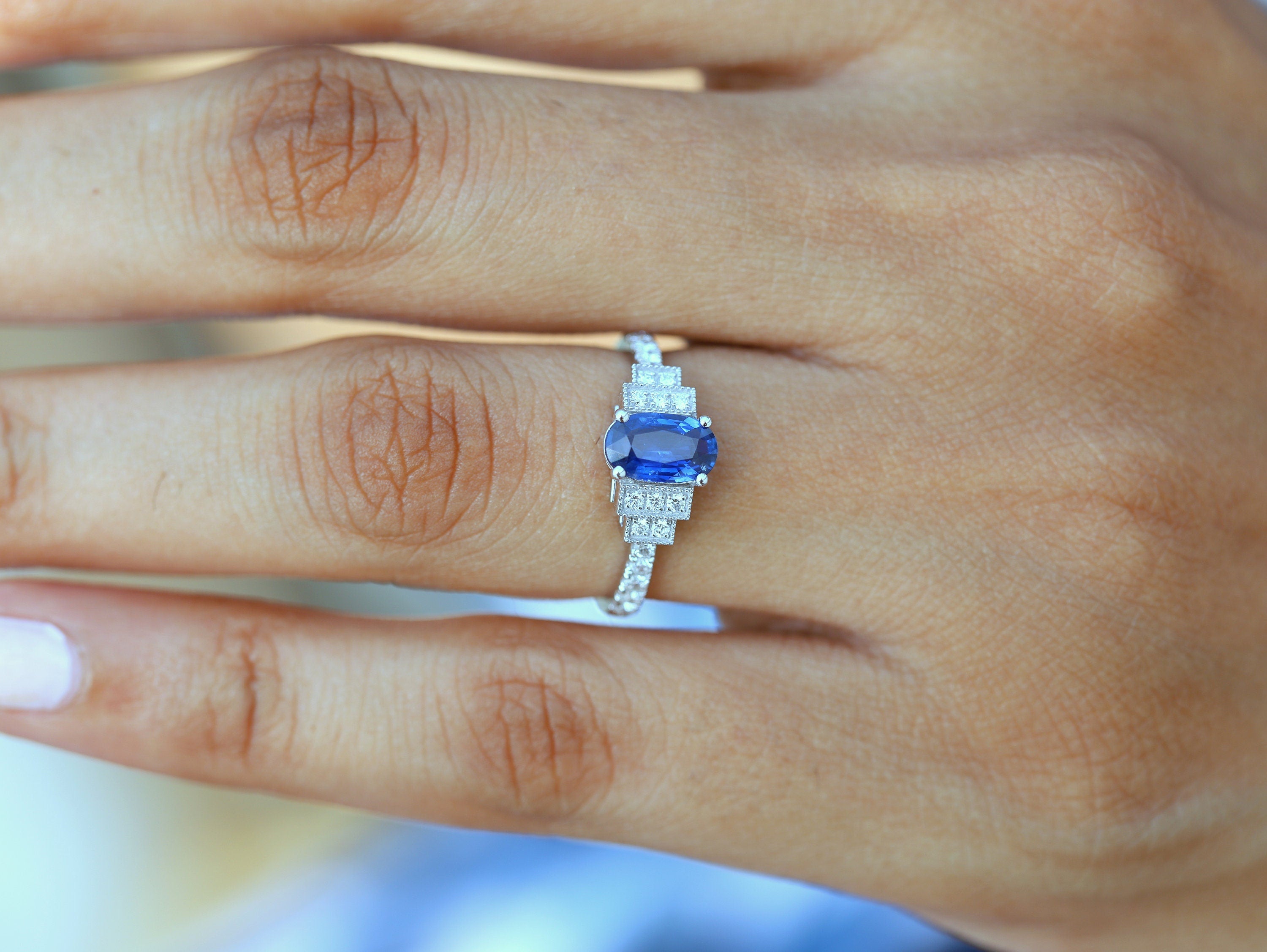 Art Deco Sapphire Engagement Ring | Blue Sapphire Antique Engagement Ring | Sapphire Verlobungsring -