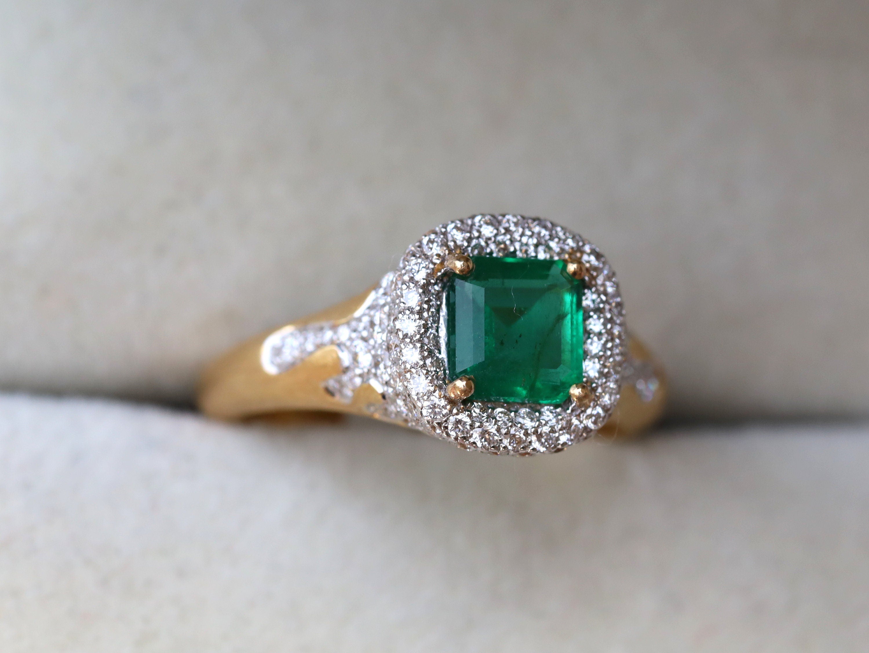 Vintage Emerald Engagement Ring | Green Emerald & Diamond Square Halo | Antique Engagement Ring -