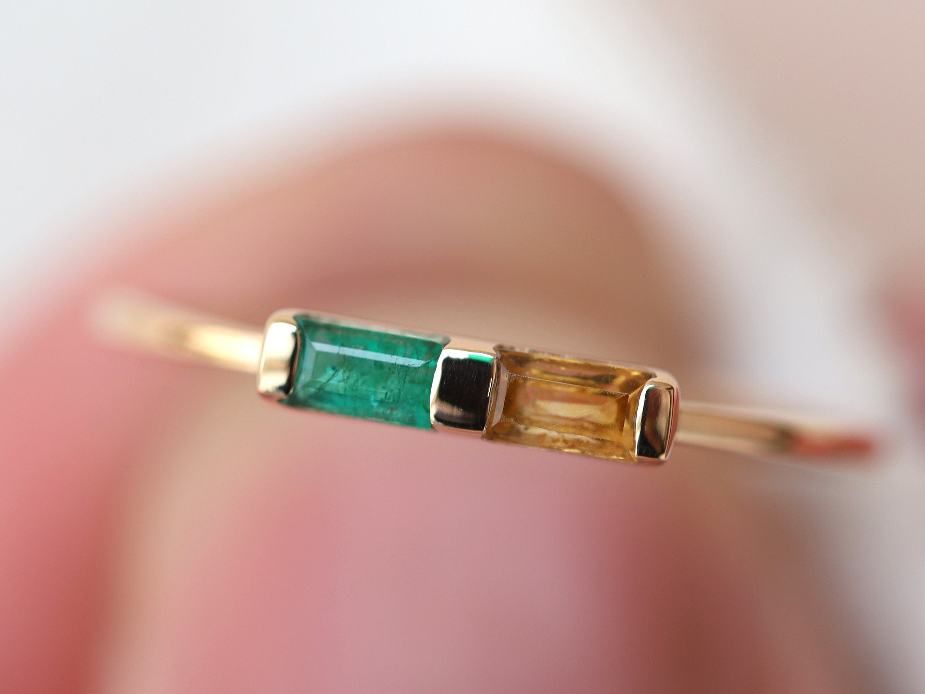 Emerald Baguette Ring | Citrine Baguette Stacking Ring -