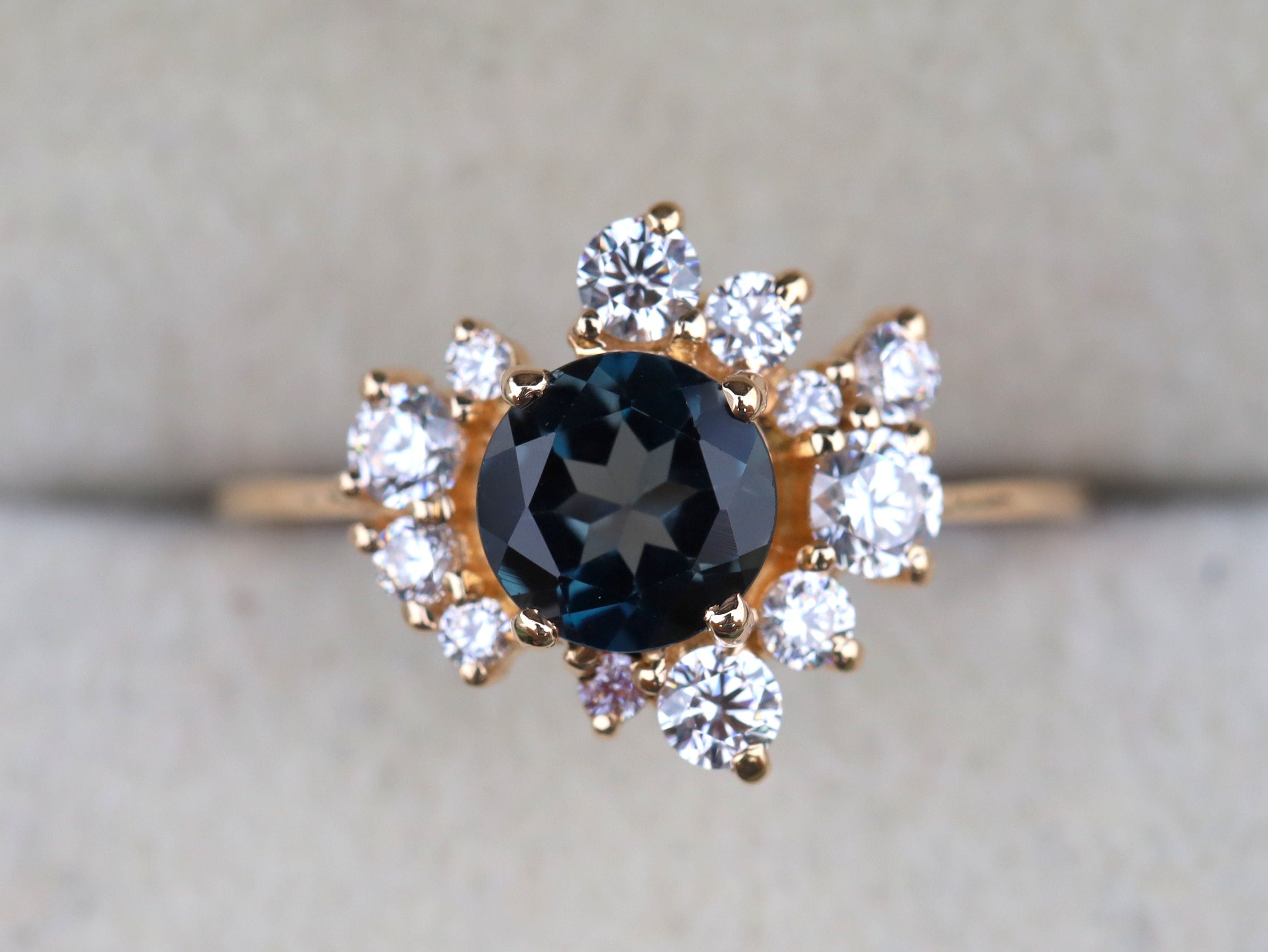 London Blue Topaz Cluster Ring | Moissanite Engagement Ring | Alternative Topaz Diamond Ring -
