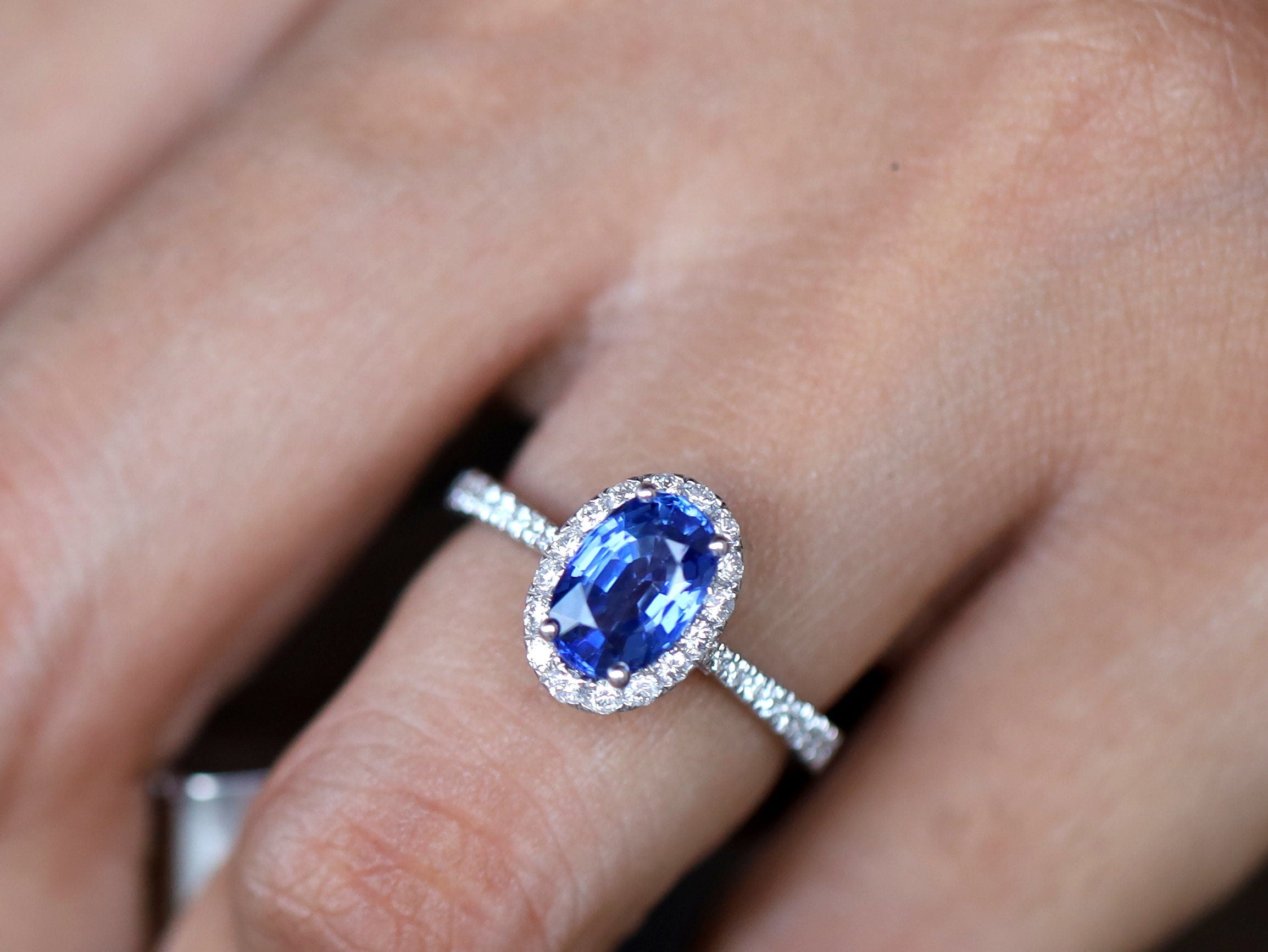 2 Ct Natural Blue Sapphire Engagement Ring | Halo Sapphire and Diamond Ring -