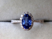 2 Ct Natural Blue Sapphire Engagement Ring | Halo Sapphire and Diamond Ring -
