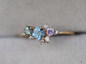 Aquamarine Cluster Engagement Ring | Sapphire and Diamond Cluster Ring | March Birthstone -