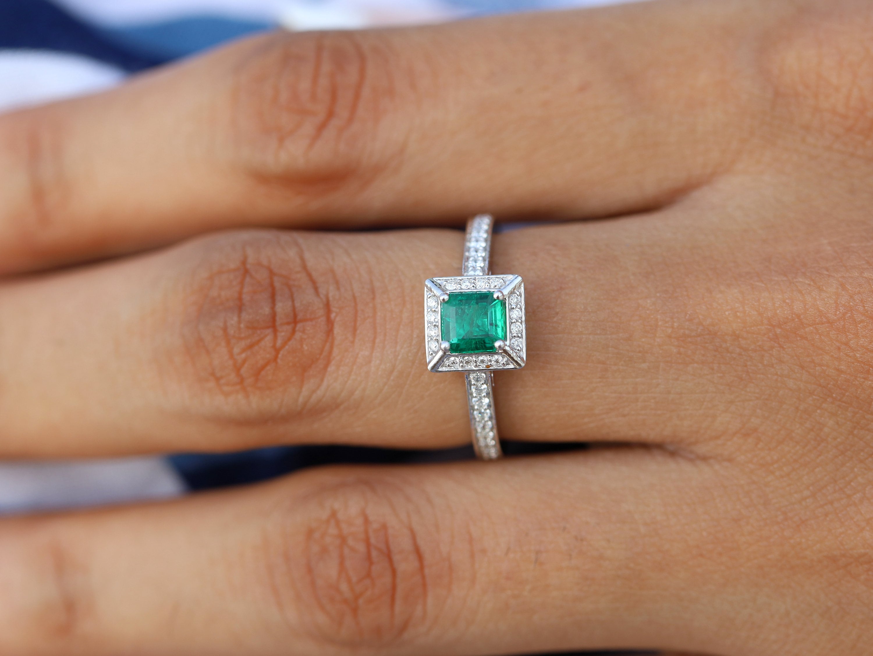 Emerald Halo Engagement Ring | Half Carat Natural Emerald & Diamond Square Engagement Ring | Antique Style -