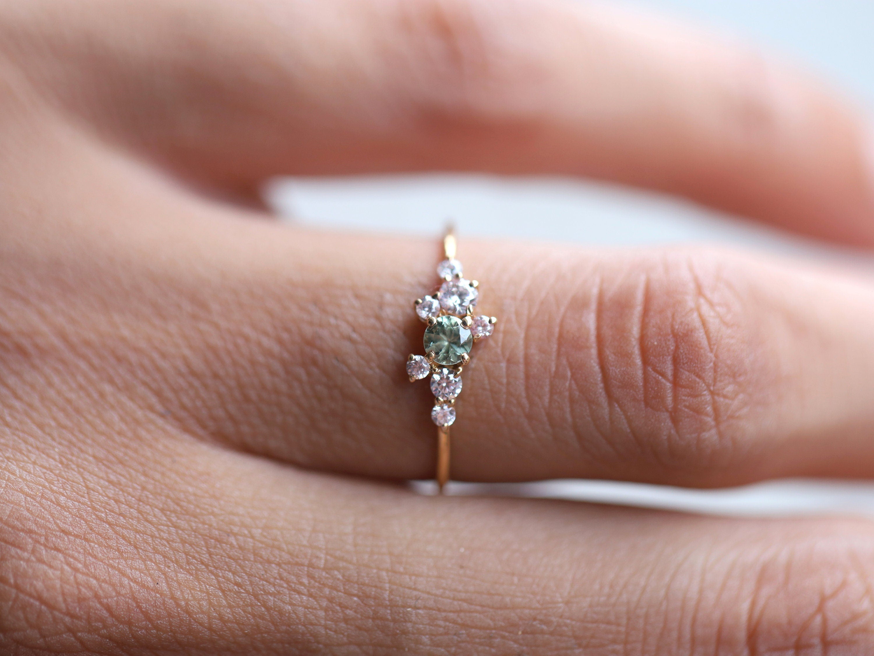 Green Sapphire Cluster Engagement Ring | Sapphire & Diamond Cluster Ring | Birthstone Engagement Ring -