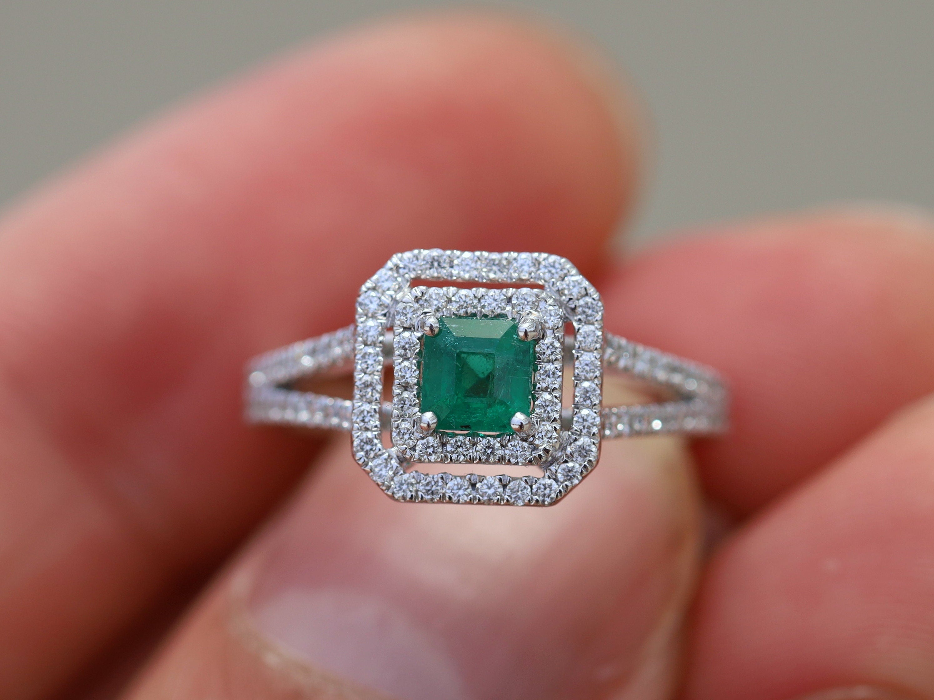 Half Carat Emerald Engagement Ring | Square Engagement Ring | Vintage Emerald and Diamond Ring -