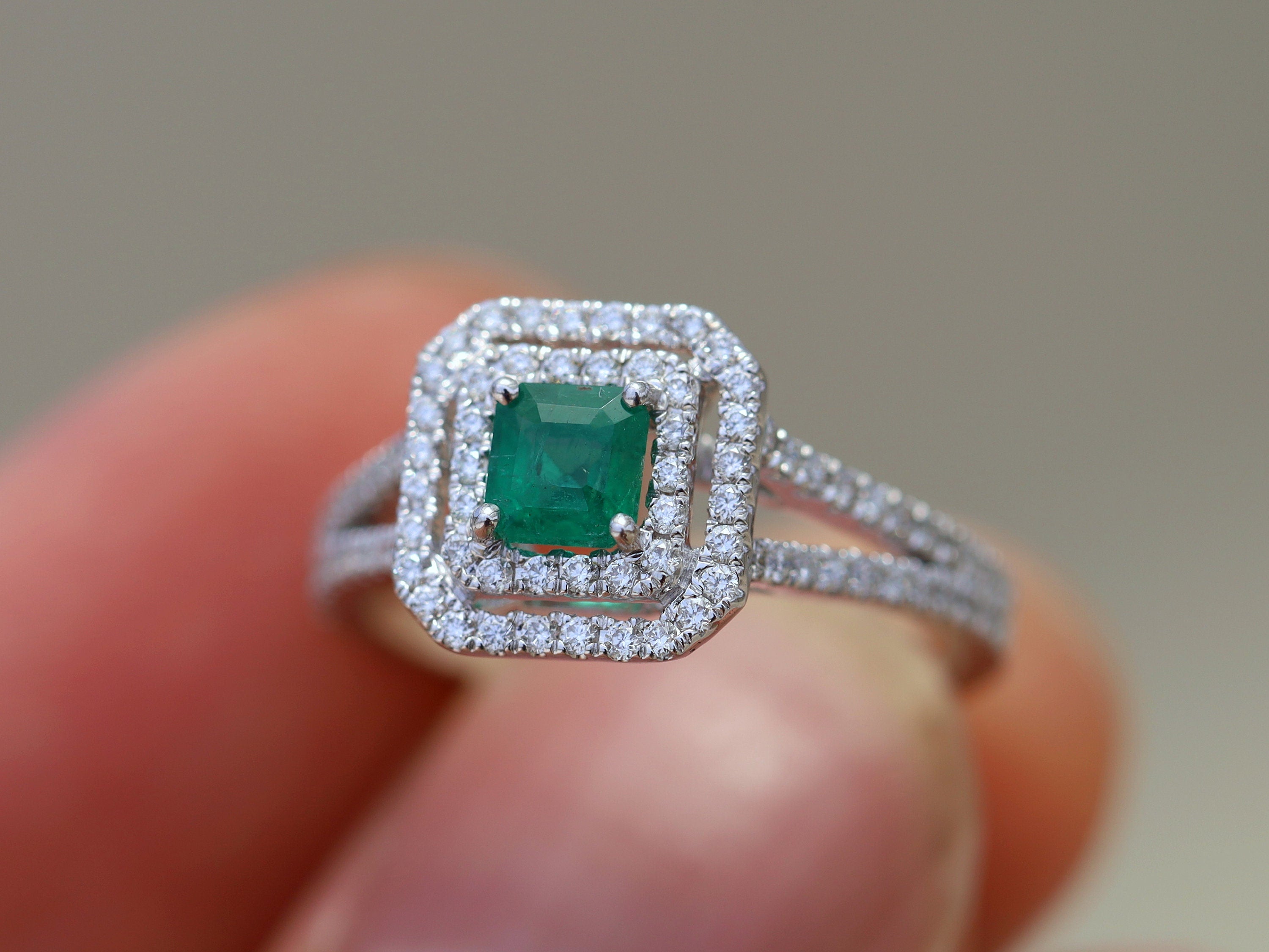 Half Carat Emerald Engagement Ring | Square Engagement Ring | Vintage Emerald and Diamond Ring -