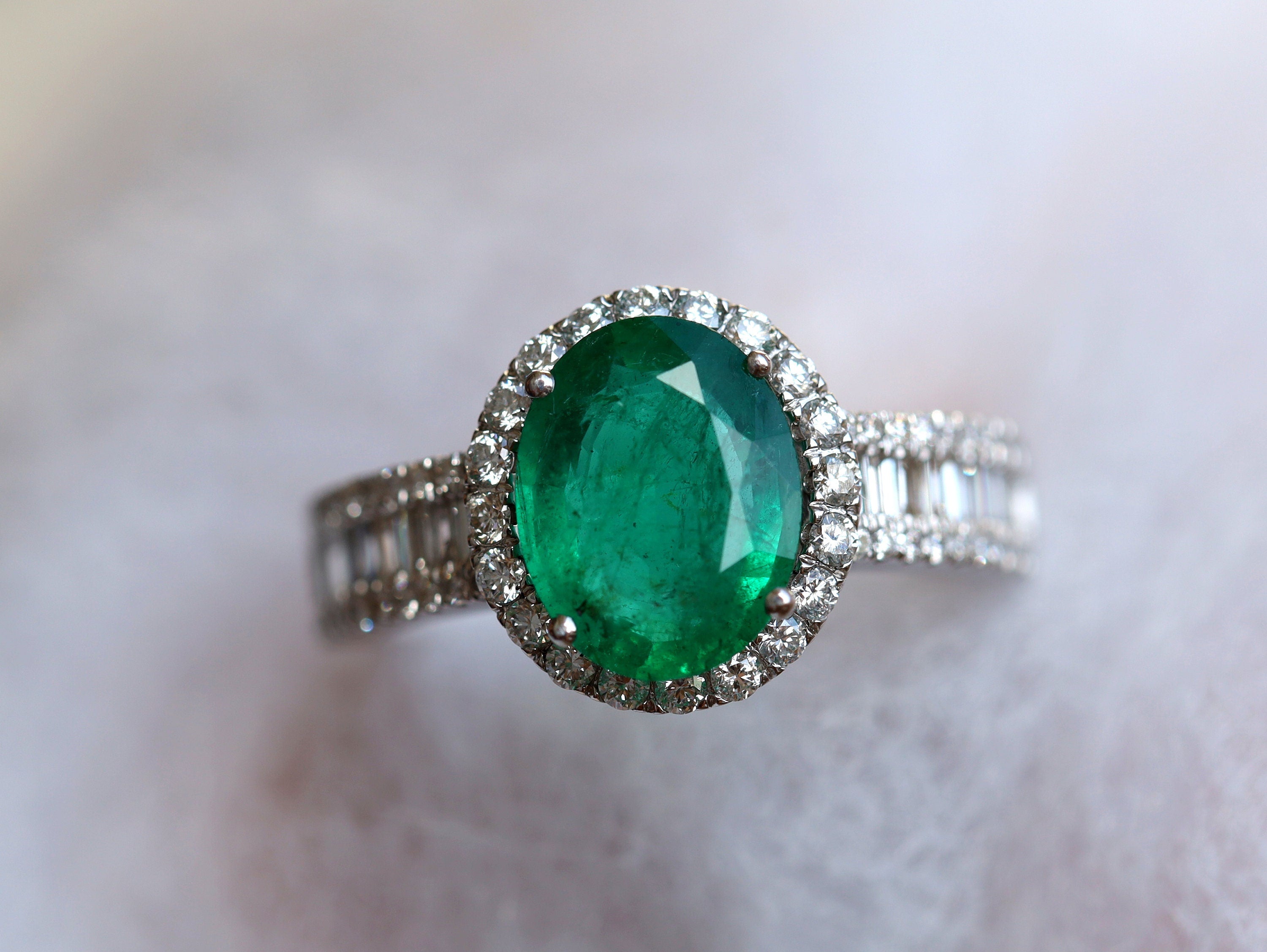 Emerald Engagement Ring | 2ct Emerald | Art Deco Halo | Vintage Diamond Baguette -