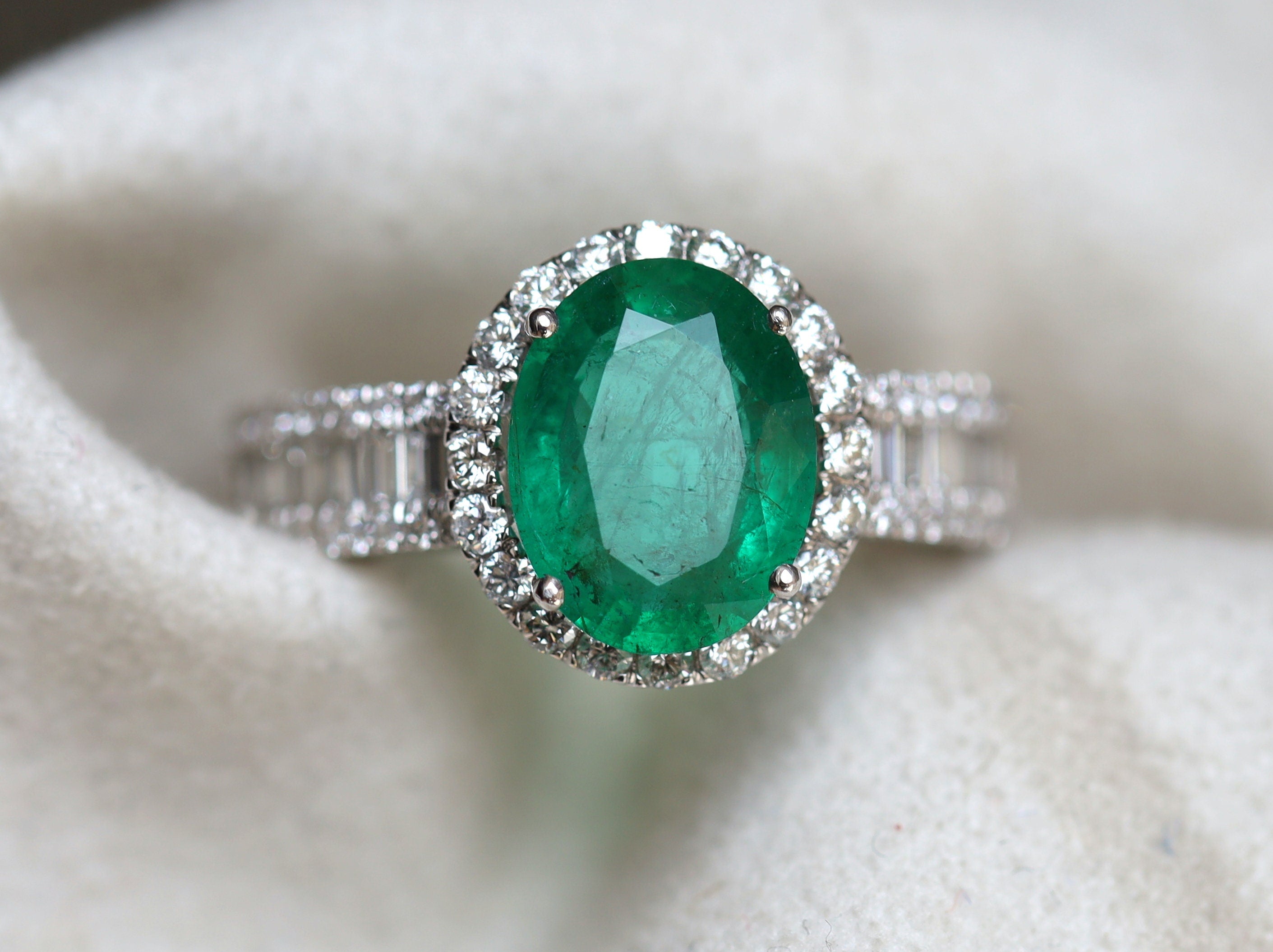 Emerald Engagement Ring | 2ct Emerald | Art Deco Halo | Vintage Diamond Baguette -