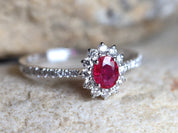 Genuine Ruby Halo Engagement Ring | Red Ruby & Diamond Gold Ring | Classic Ruby Ring -