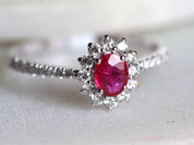 Genuine Ruby Halo Engagement Ring | Red Ruby & Diamond Gold Ring | Classic Ruby Ring -