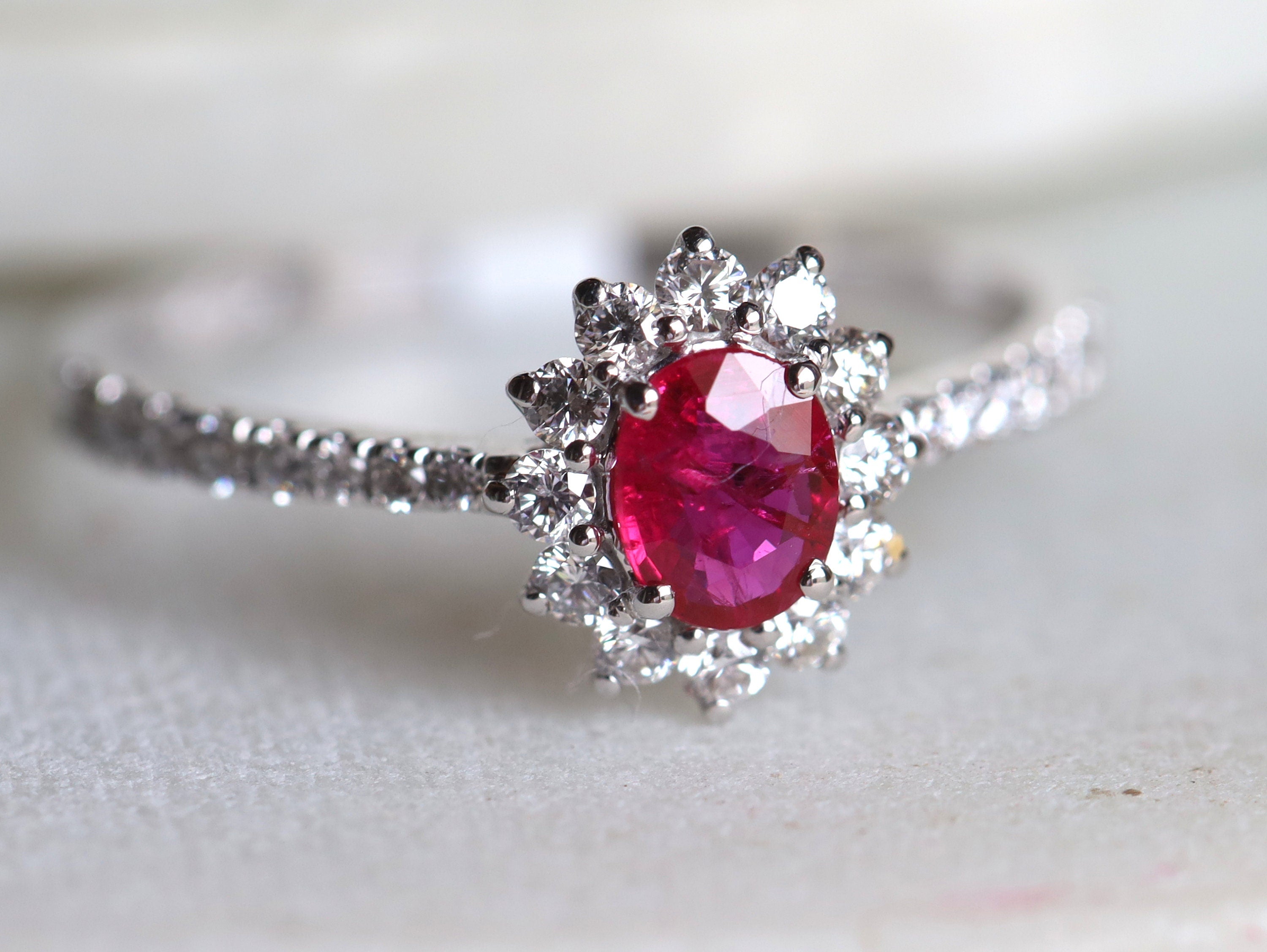 Genuine Ruby Halo Engagement Ring | Red Ruby & Diamond Gold Ring | Classic Ruby Ring -