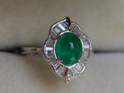 Art Deco Emerald Engagement Ring | 2 Carat Natural Emerald Diamond Baguette Halo Ring -