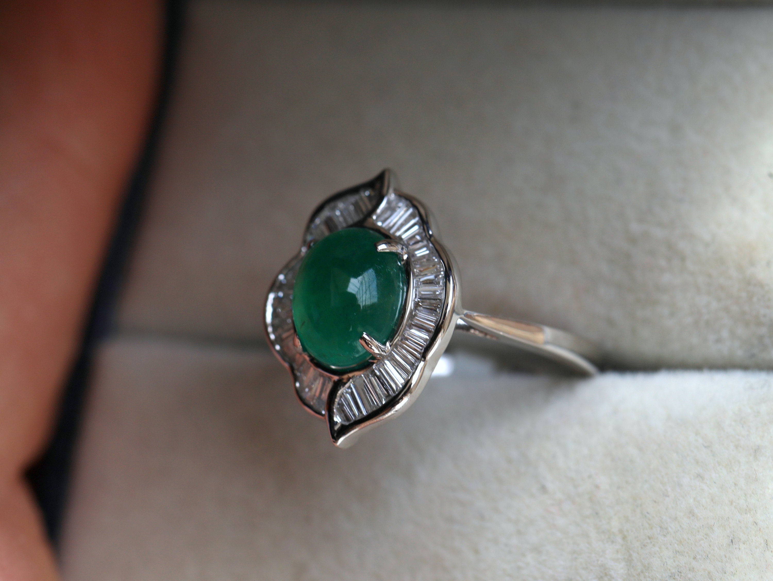Art Deco Emerald Engagement Ring | 2 Carat Natural Emerald Diamond Baguette Halo Ring -