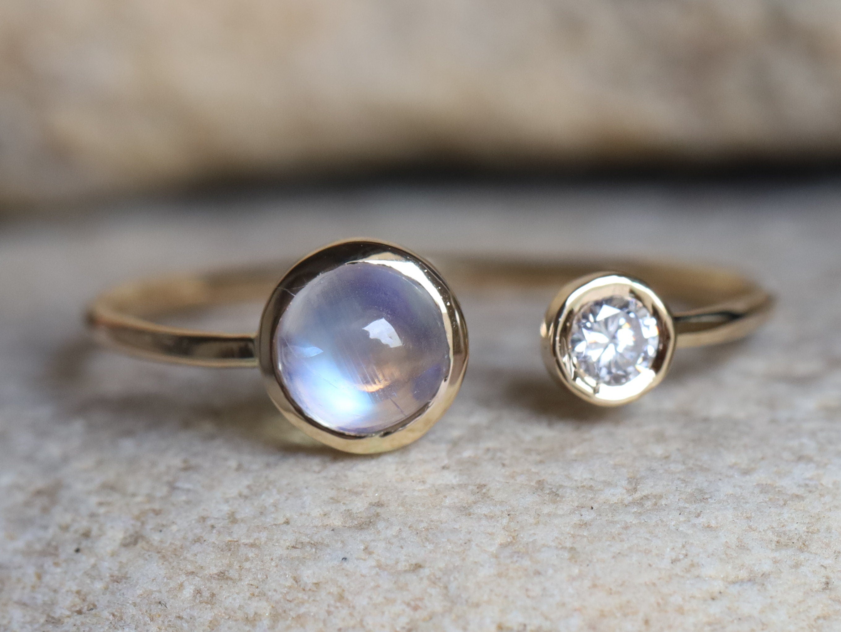 Moonstone & Diamond Adjustable Ring | Rainbow Moonstone Engagement Ring | June Birthstone -