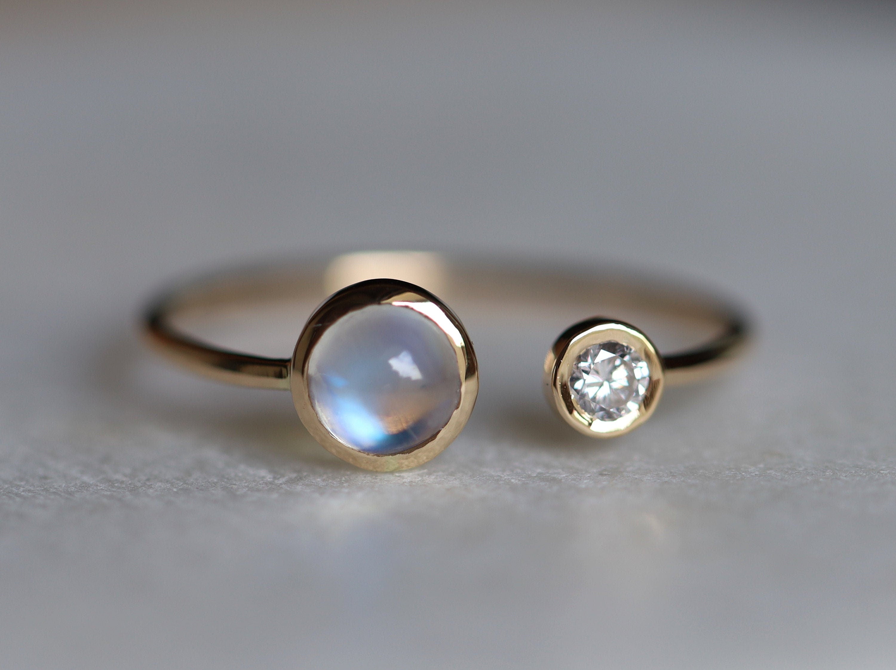 Moonstone & Diamond Adjustable Ring | Rainbow Moonstone Engagement Ring | June Birthstone -