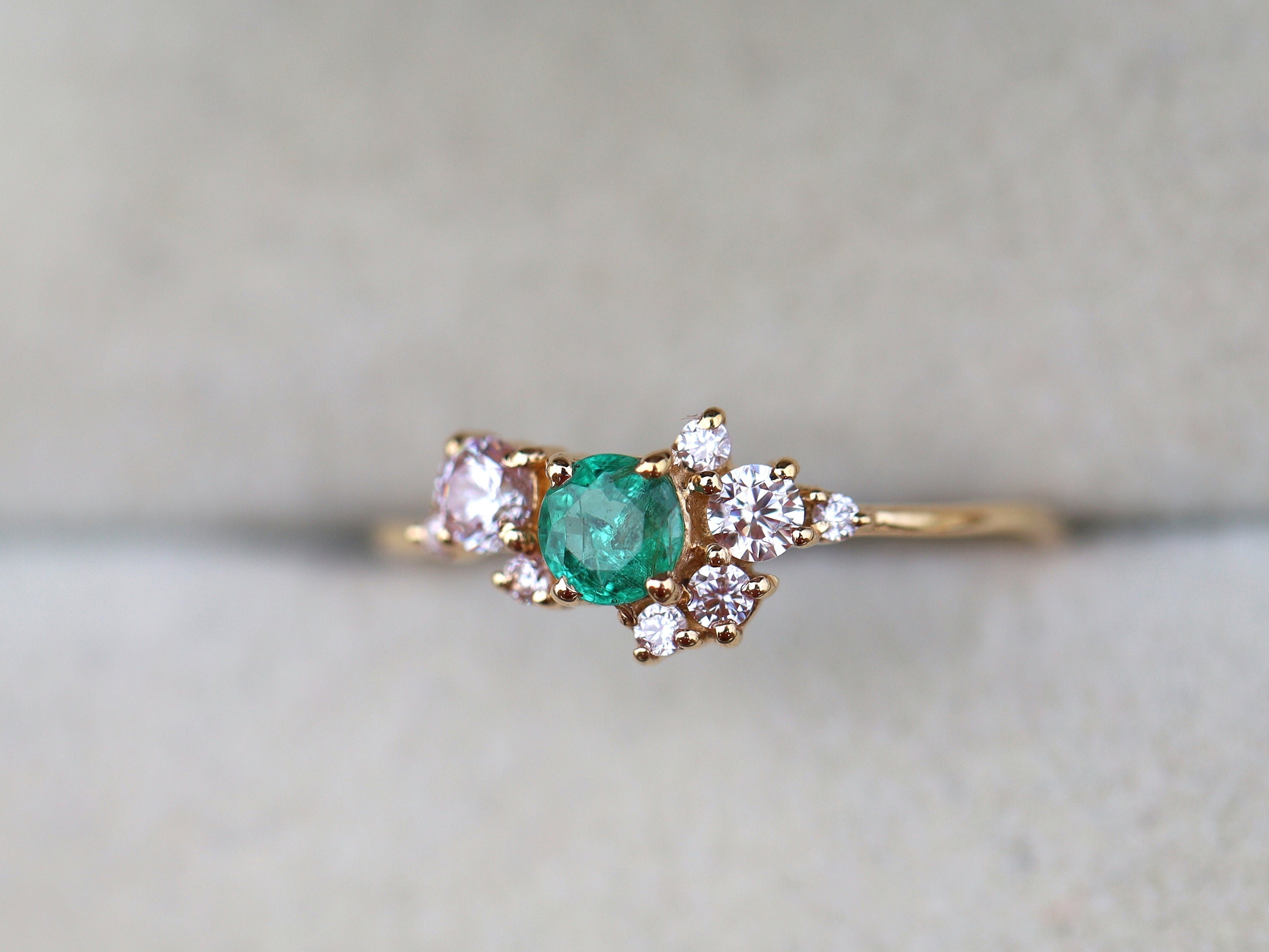 Emerald Engagement Ring | Cluster Diamond Ring | Vintage Natural Emerald Ring -