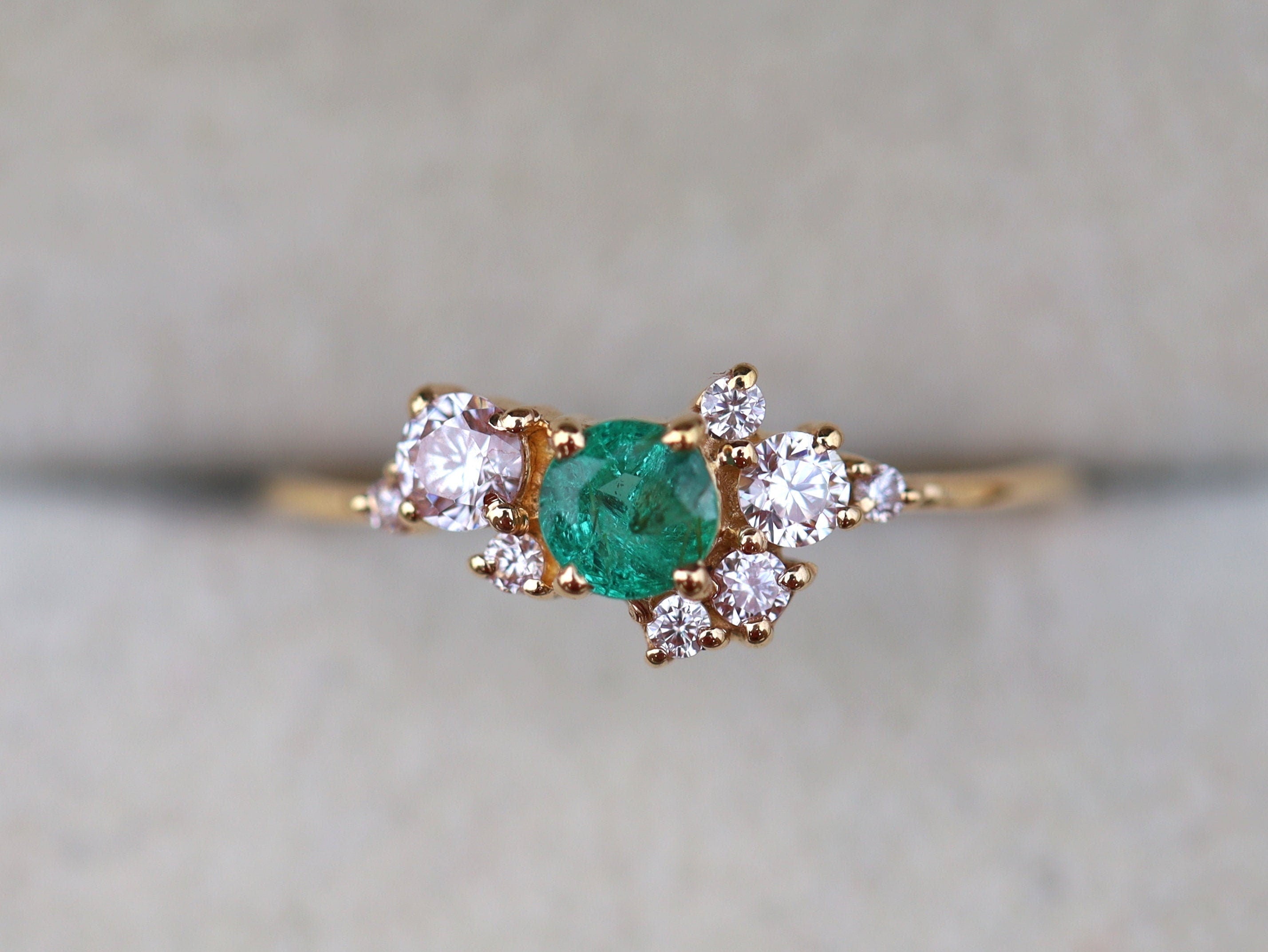 Emerald Engagement Ring | Cluster Diamond Ring | Vintage Natural Emerald Ring -