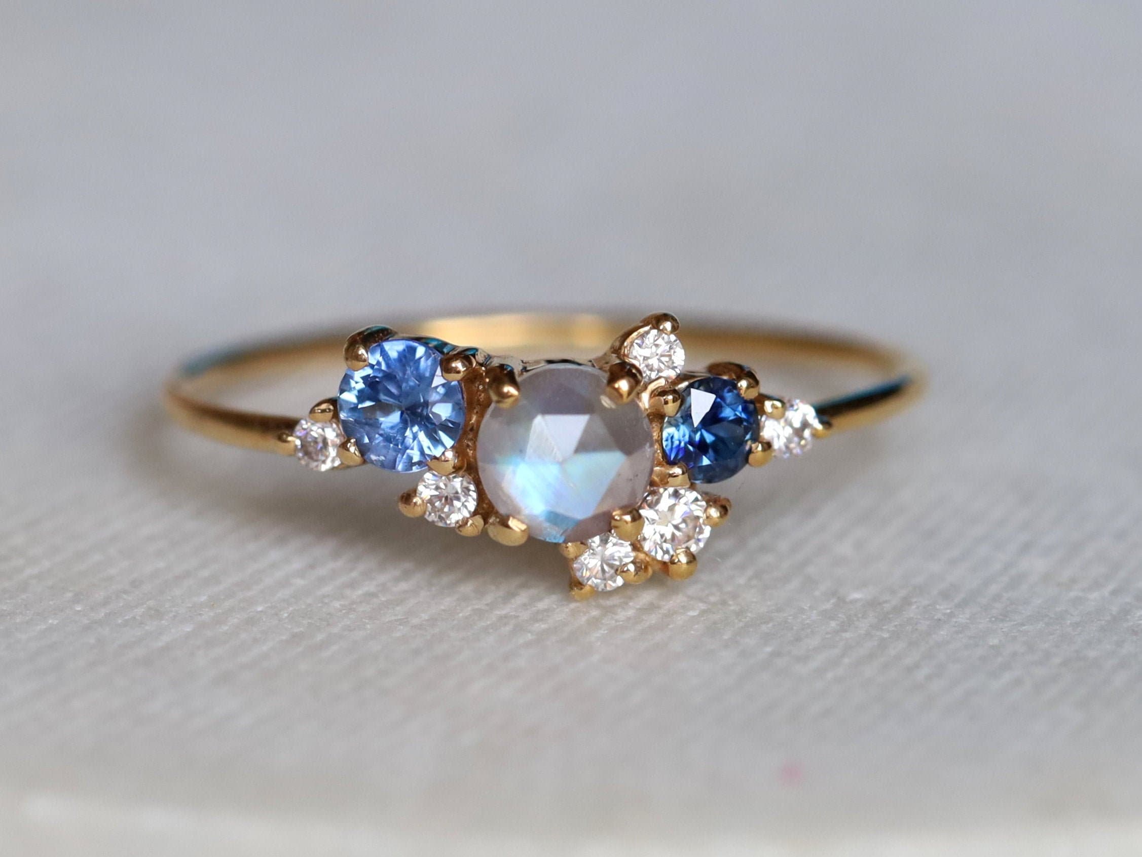 Moonstone Engagement Ring | Rainbow Moonstone & Diamond Cluster, June Birthstone, Sapphire Accent -