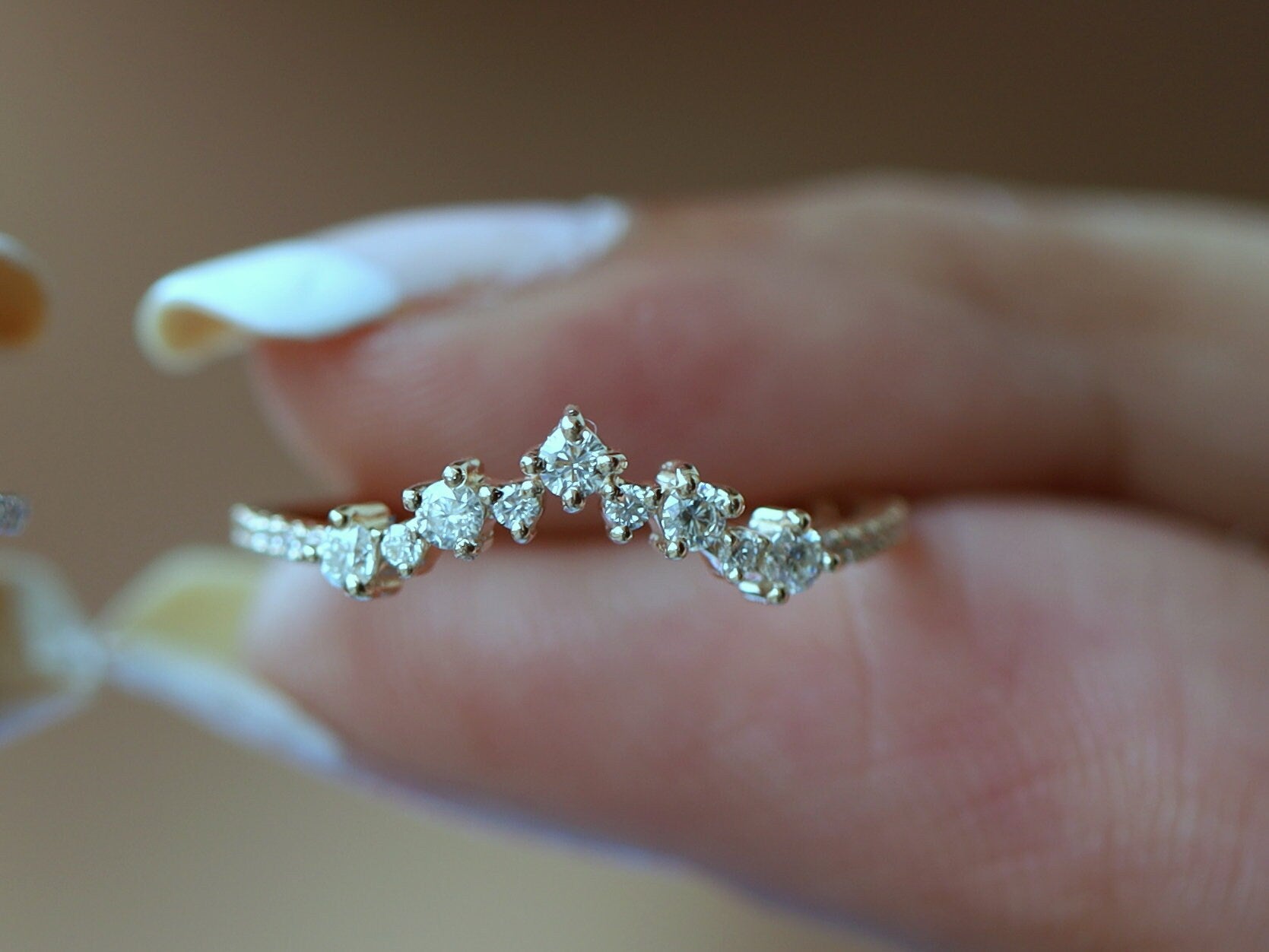 Moissanite Stacking Ring | Cluster & Curved Wedding Band | Alternative Diamond Jewelry -