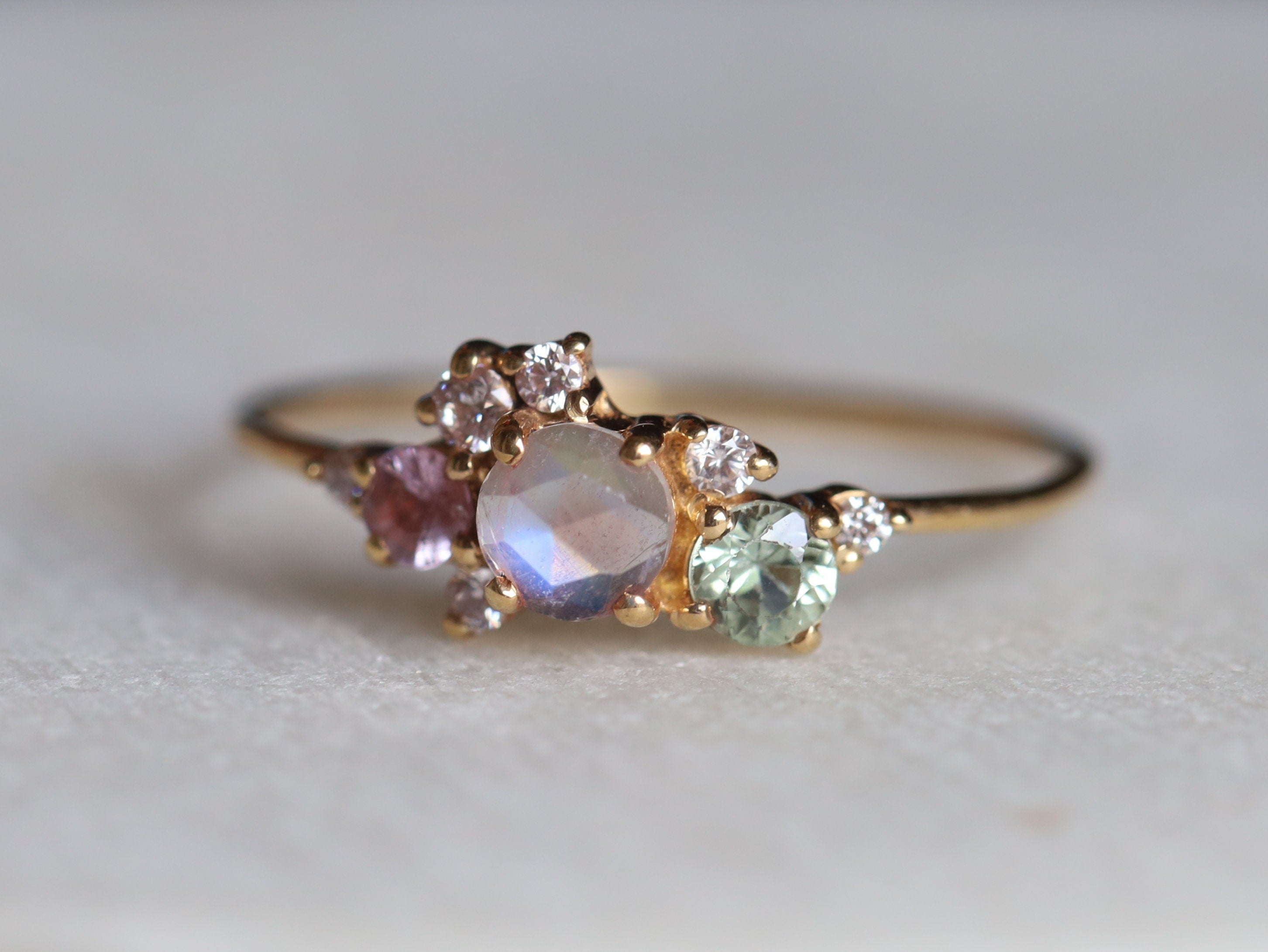 Cluster Engagement Ring | Rainbow Moonstone Ring | Sapphire & June Birthstone Jewelry -