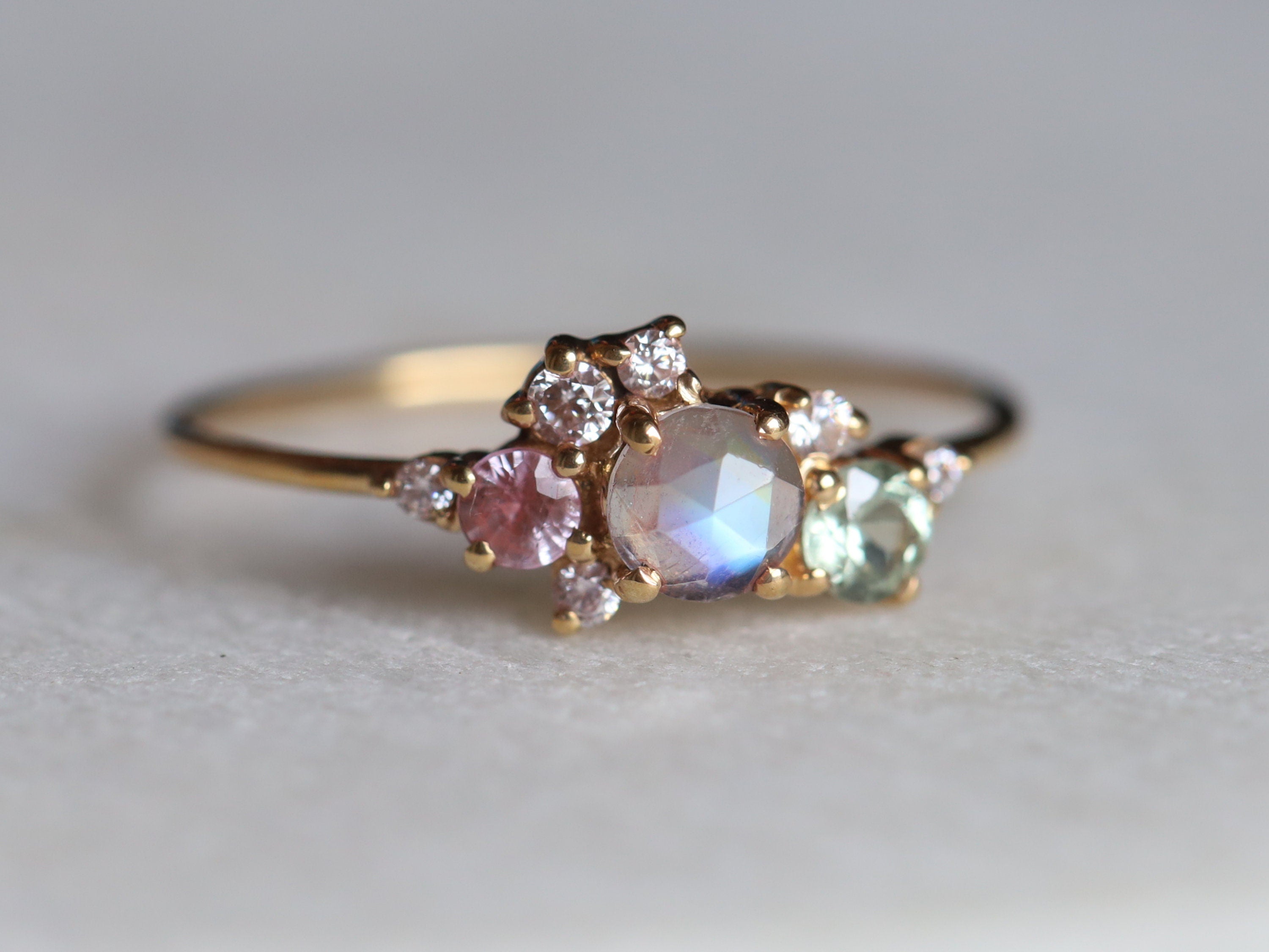 Cluster Engagement Ring | Rainbow Moonstone Ring | Sapphire & June Birthstone Jewelry -