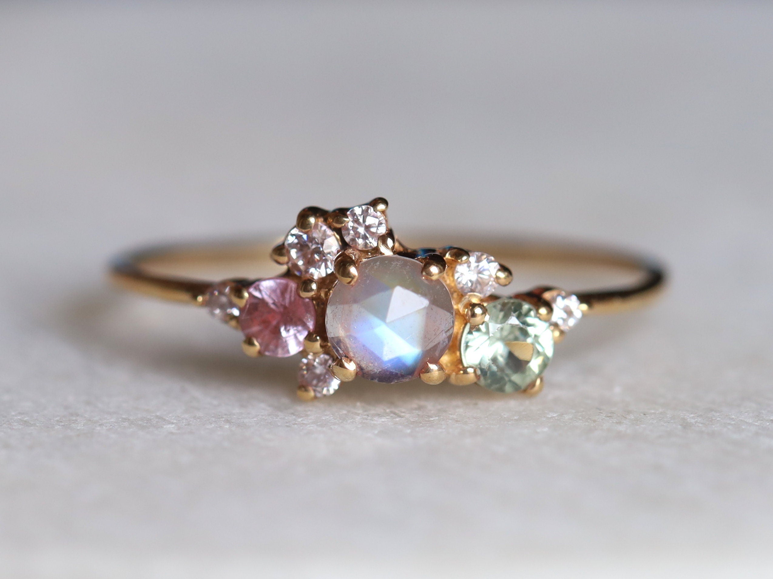 Cluster Engagement Ring | Rainbow Moonstone Ring | Sapphire & June Birthstone Jewelry -
