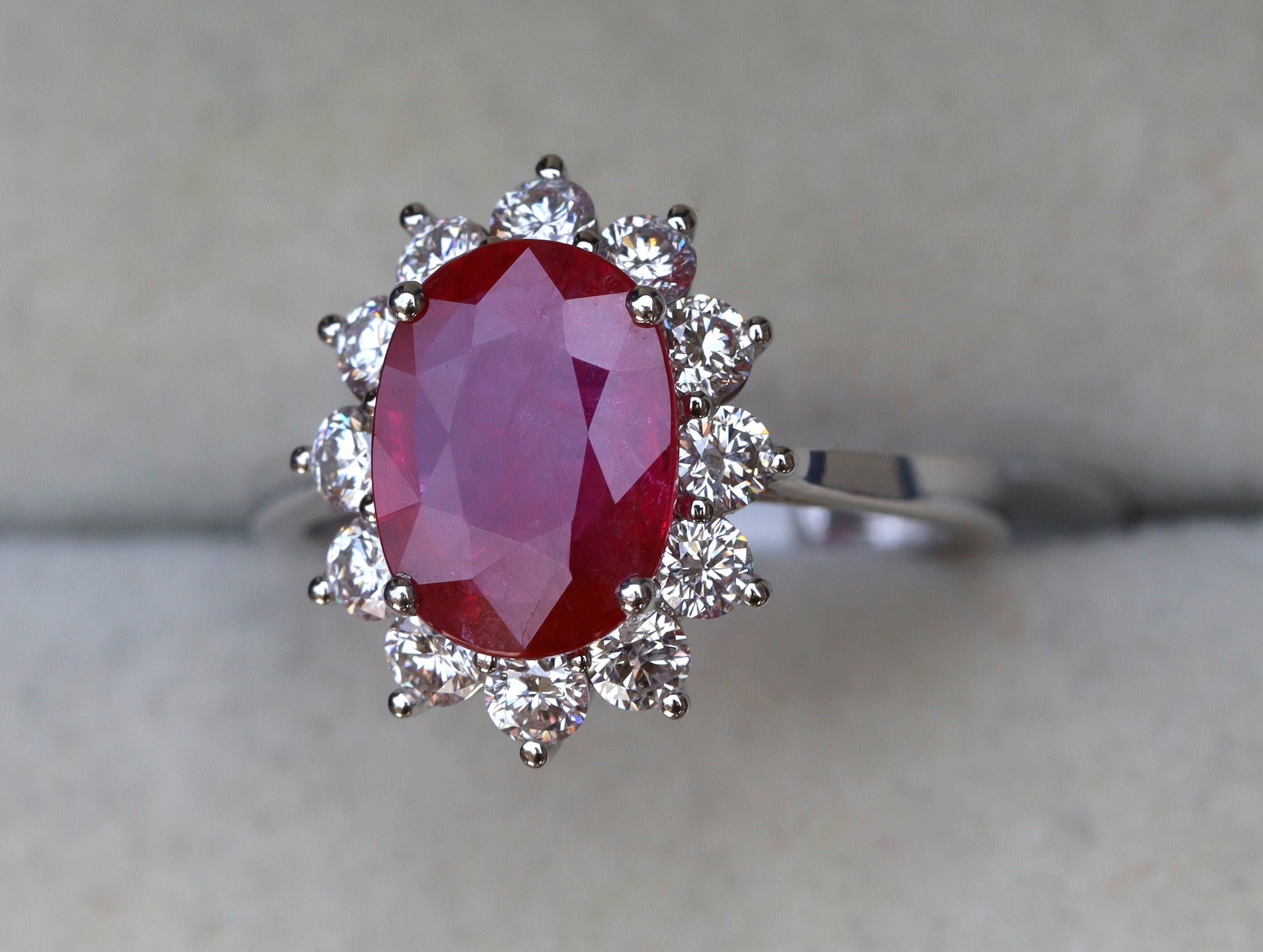 Genuine Ruby Engagement Ring | 3 Carat Natural Ruby Halo Ring | Red Ruby and Diamond Ring -