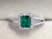 Emerald Engagement Ring | Green Emerald Halo Ring | 1 Carat Emerald Cut Engagement Ring -