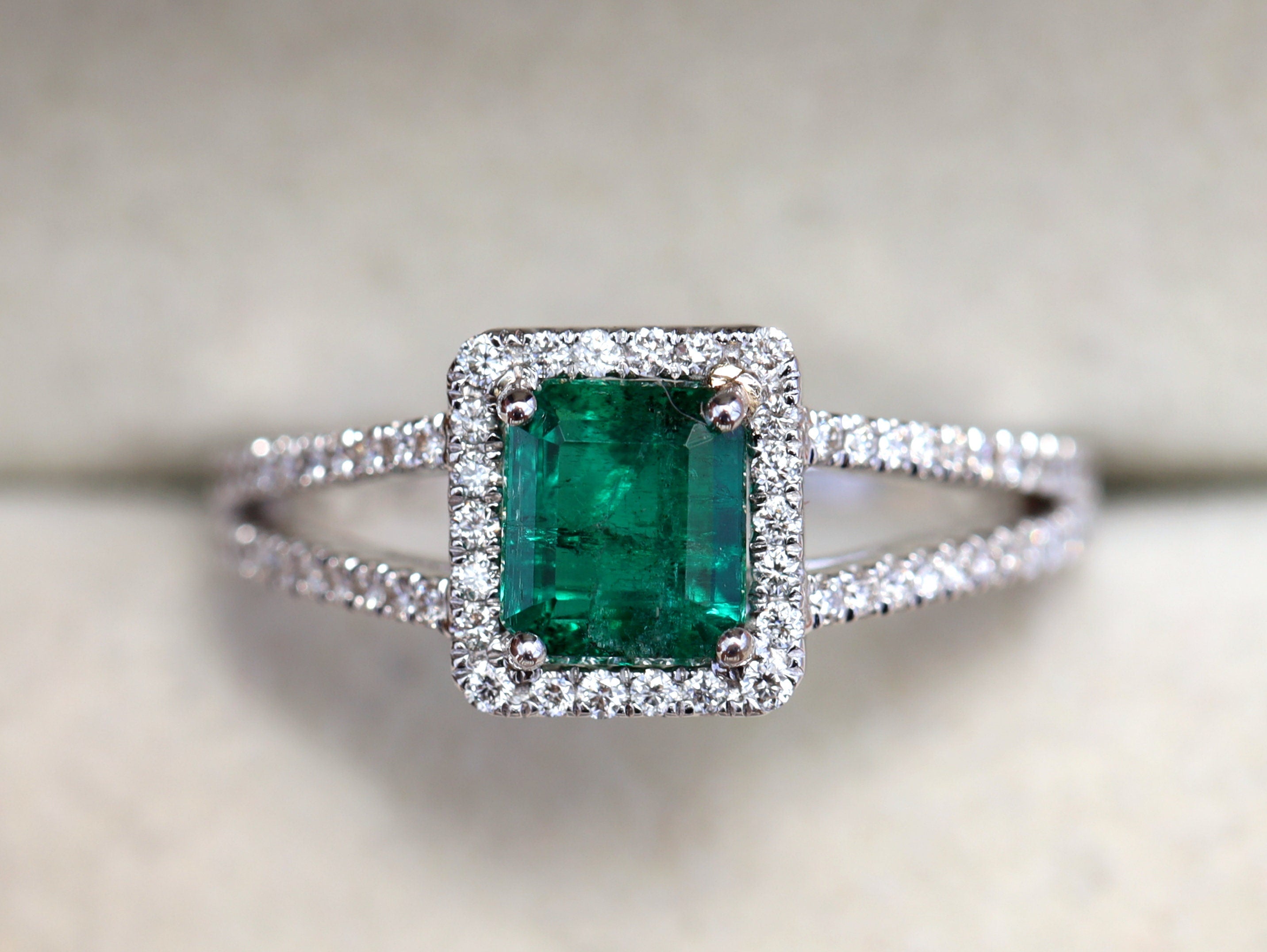 Emerald Engagement Ring | Green Emerald Halo Ring | 1 Carat Emerald Cut Engagement Ring -