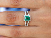 Emerald Engagement Ring | Green Emerald Halo Ring | 1 Carat Emerald Cut Engagement Ring -