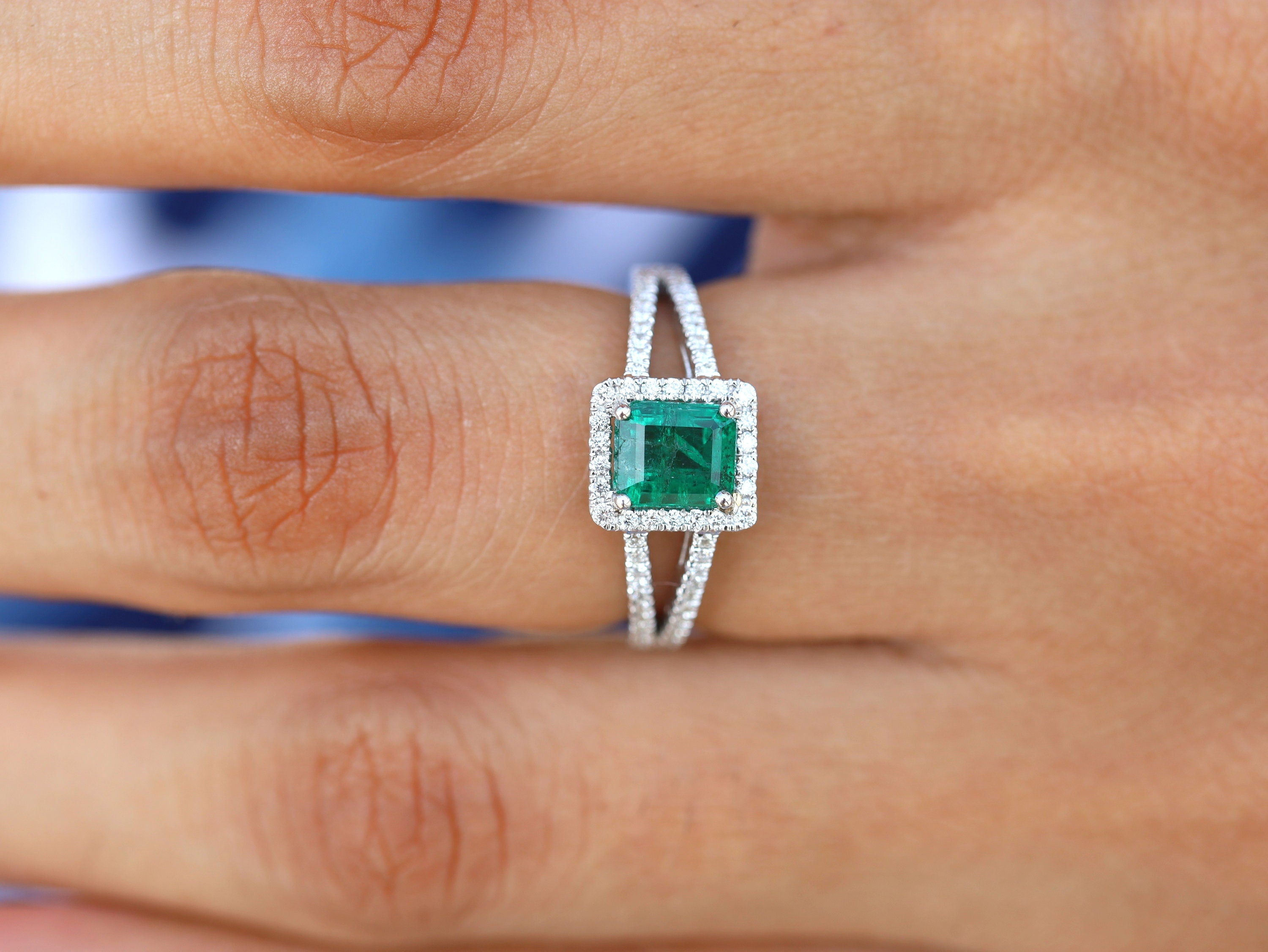 Emerald Engagement Ring | Green Emerald Halo Ring | 1 Carat Emerald Cut Engagement Ring -